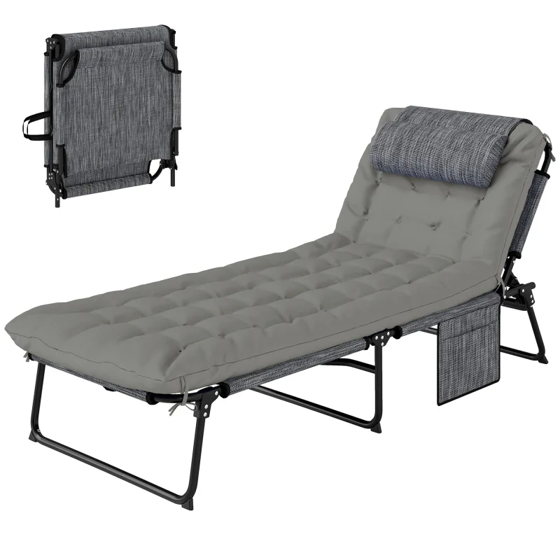 Folding Chaise Lounge Pool Chair with 4-level Reclining Back, Cushion, Side Pocket, Headrest, Gray
