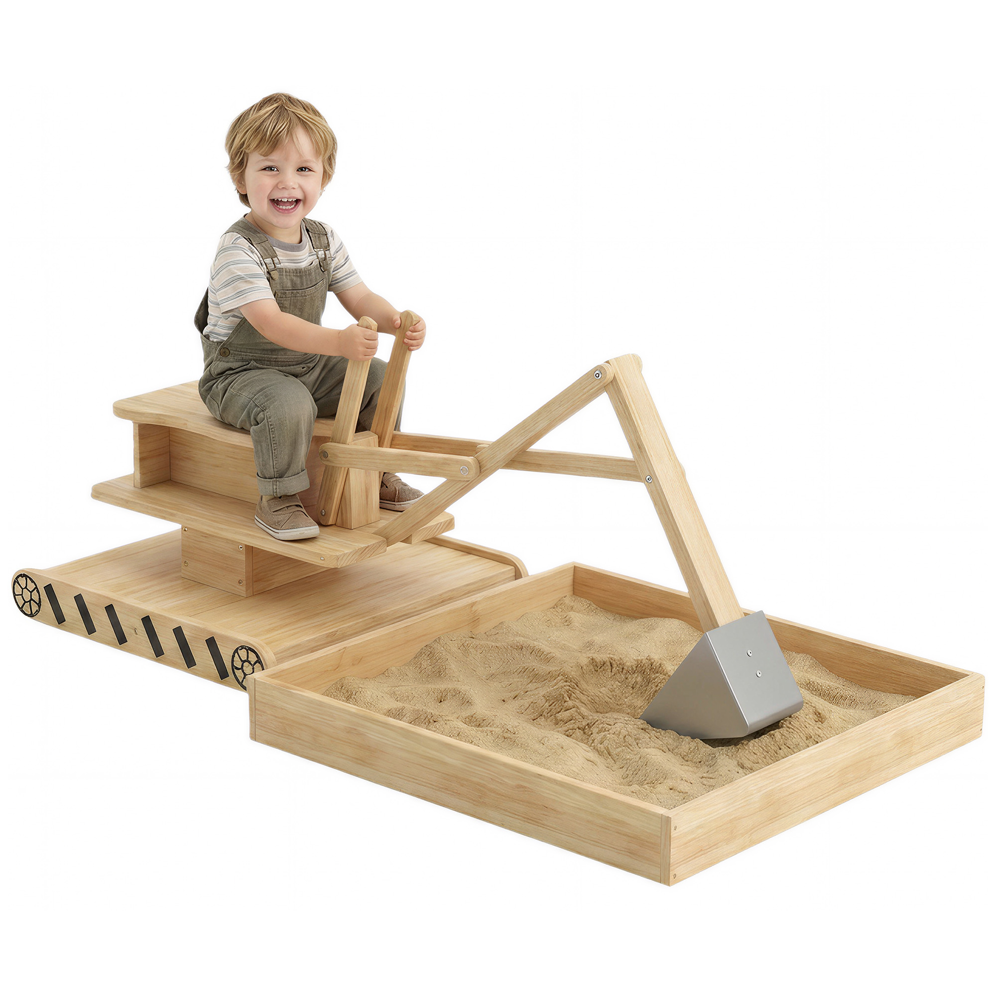 Wooden Sandbox with Digger, Kids Sandbox with 360° Rotating Seat & Bottom Liner, 72" x 35" x 22"