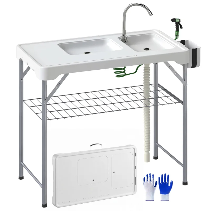 Folding Fish Cleaning Table with Sinks, Portable Camping Sink Table with Faucet, Drainage Hose, Sprayer, Shelf, Drawer and Storage Basket, Outdoor Fillet Table for Picnic Beach Patio, White