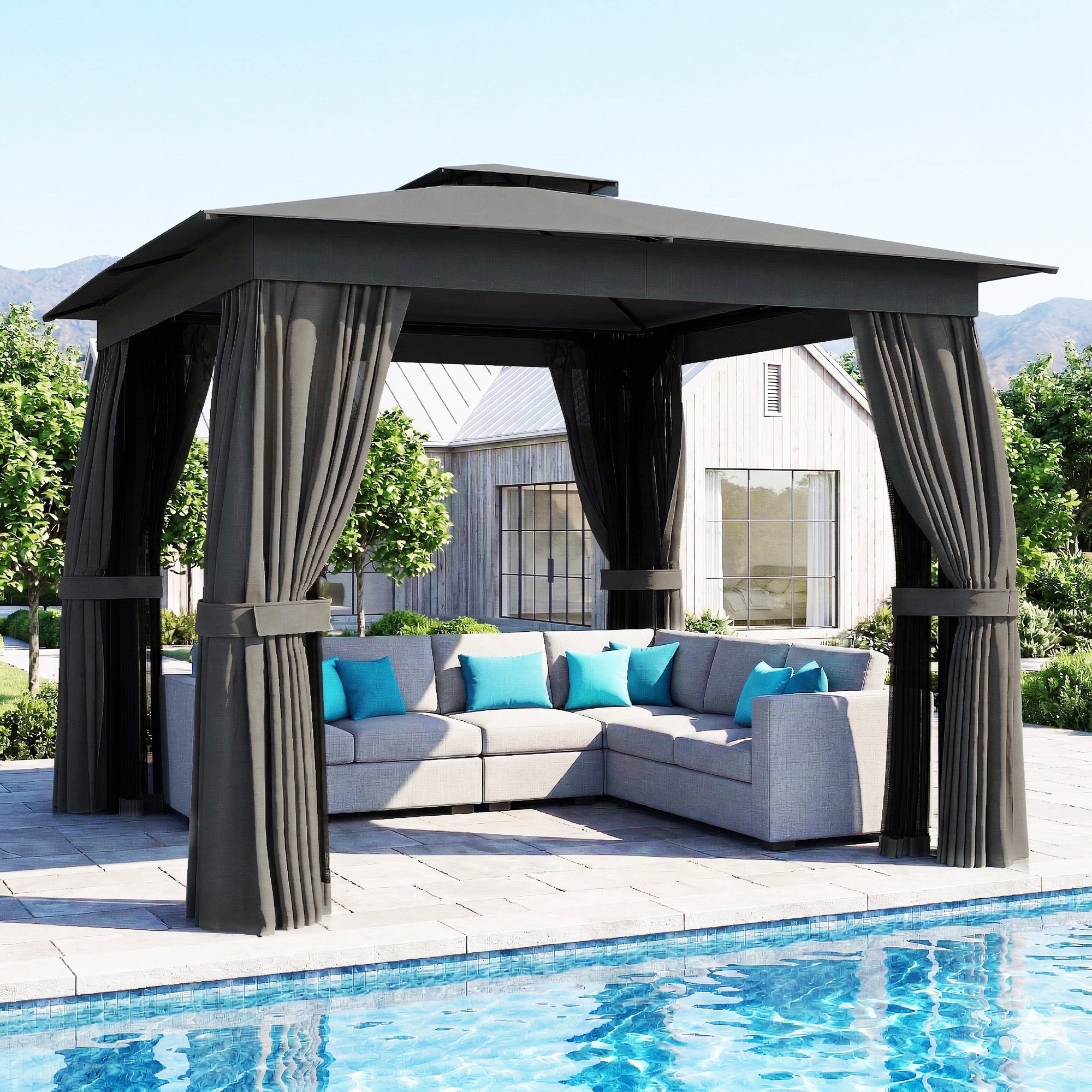 10' x 10' Outdoor Patio Gazebo, Soft Top Gazebo Canopy Shelter with Curtains, Netting, Steel Frame, Hook, Dark Gray