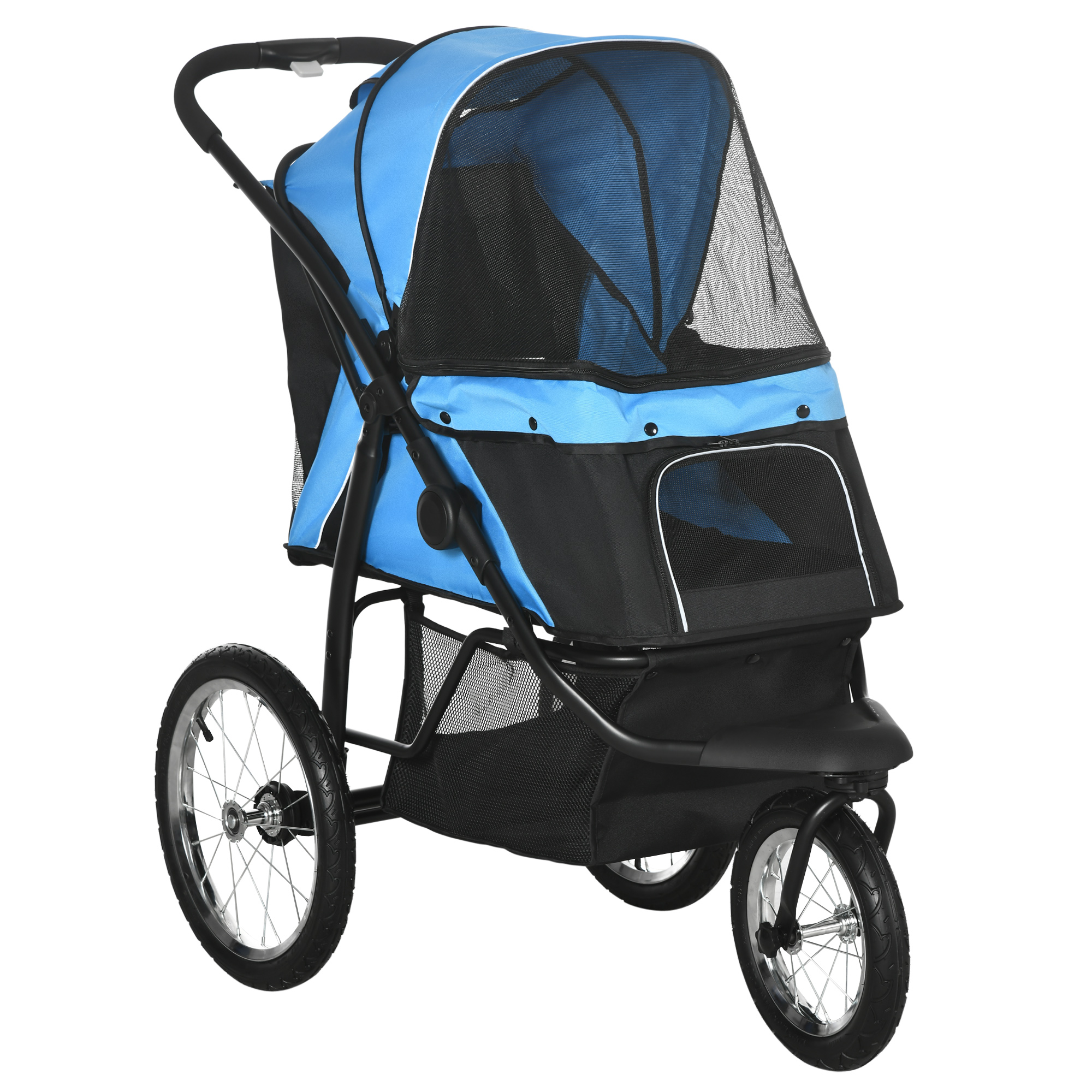 3 Wheels Pet Stroller for Small Dogs and Medium Dogs with Adjustable Canopy, Safety Tether, Storage Basket, Blue