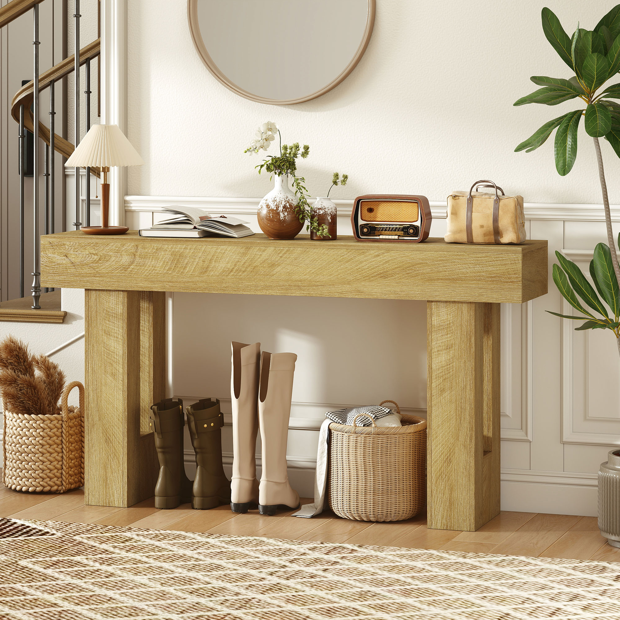 63 Inch Console Table, Sofa Table Behind the Couch with Thickened Tabletop for Living Room, Hallway, Entrance, Oak