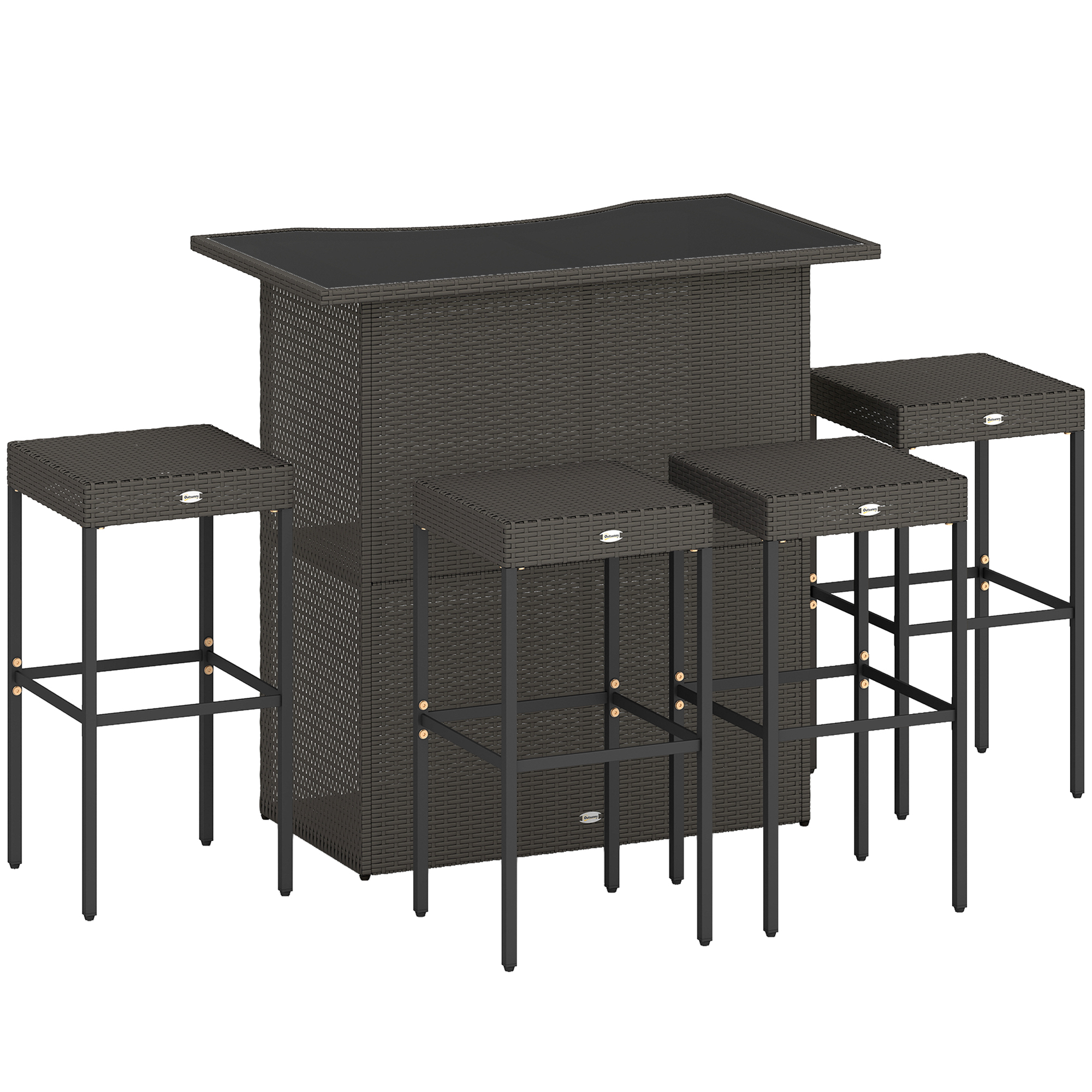 5 Piece Rattan Wicker Bar Set, High Top Outdoor Table and Chairs, Bar Height Patio Set, 2 Shelves & 4 Bar Stools, Brown