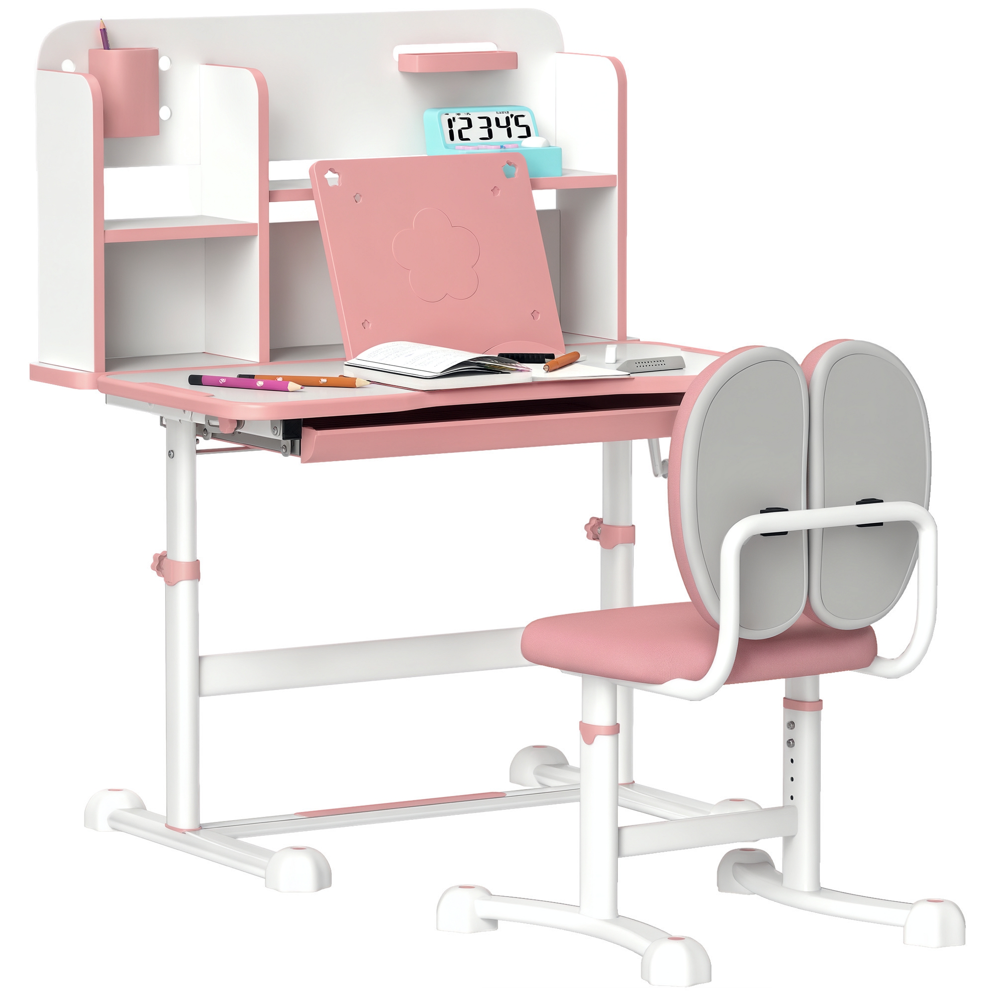 Height Adjustable Kids Desk and Chair Set for Writing Drawing w/ Tilt Desktop, Storage Drawer and Reading Rack, Pink