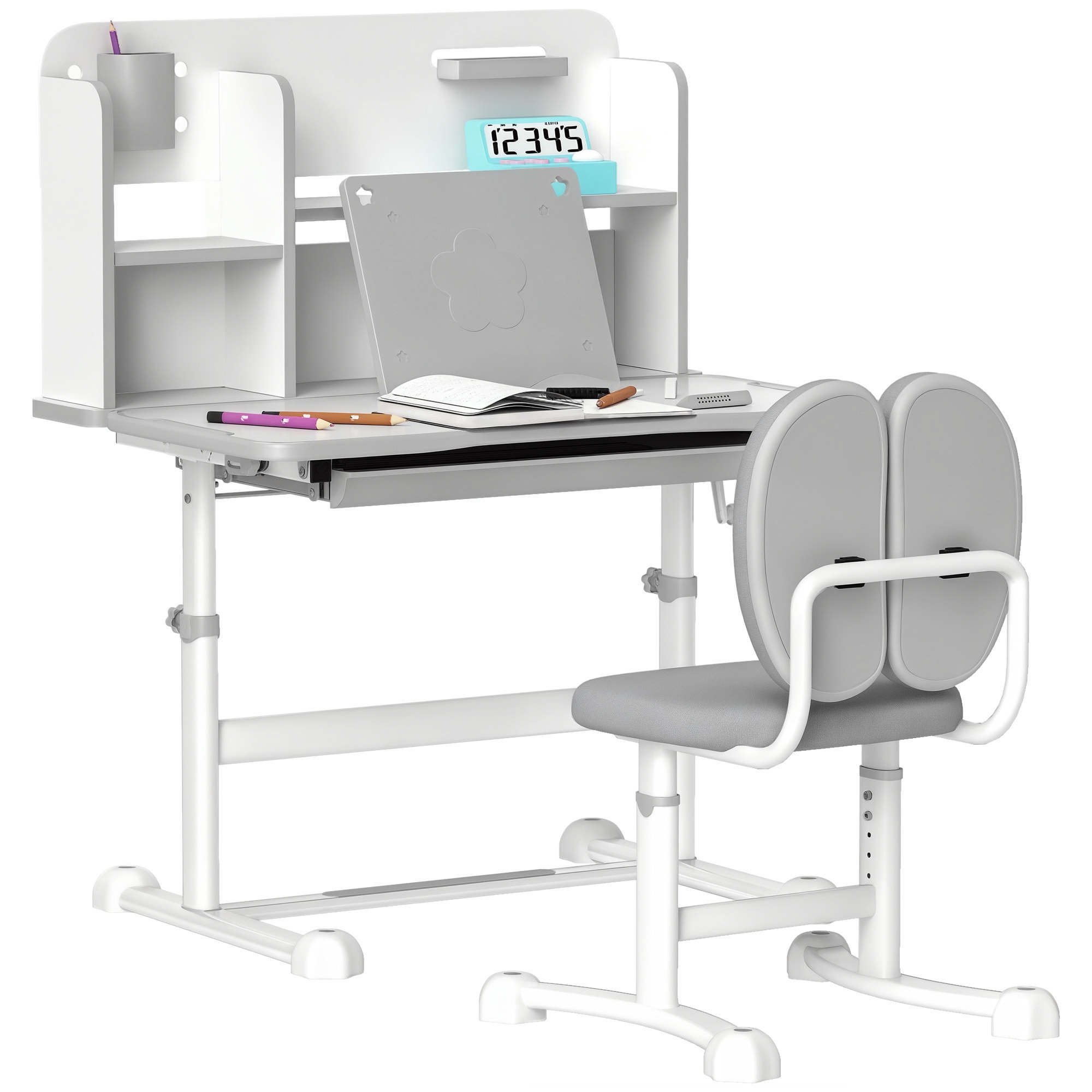 Height Adjustable Kids Desk and Chair Set for Writing Drawing w/ Tilt Desktop, Storage Drawer and Reading Rack, Gray