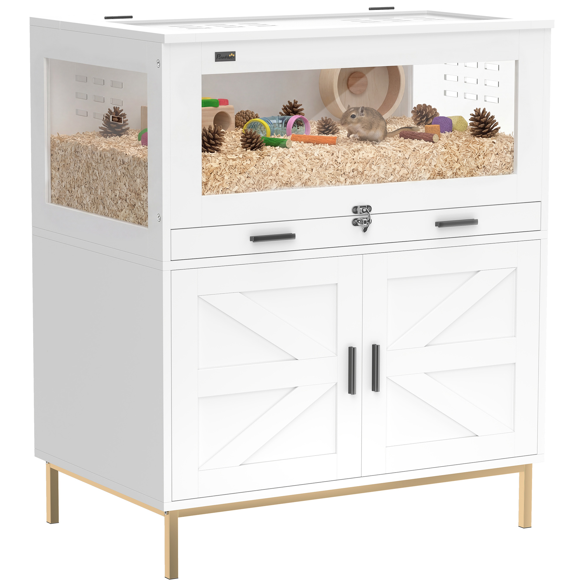 Hamster Cage with Storage Cabinet, Small Animal Cage with Pull Out Drawer and Acrylic Panels, 30" x 19.5" x 36"