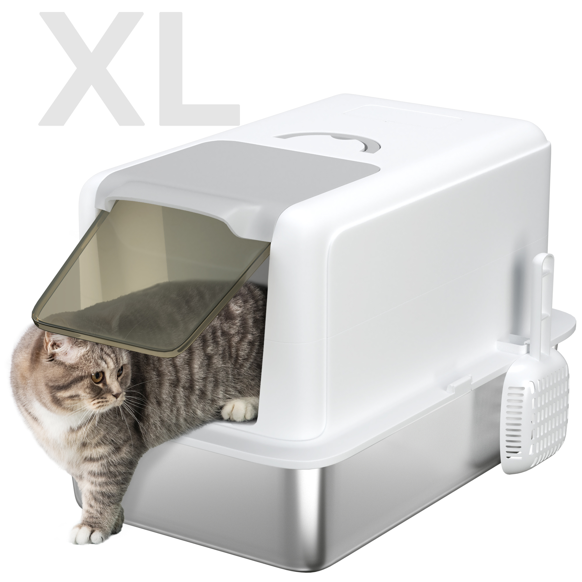 2 in 1 Stainless Steel Cat Litter Box with Removable Lid, Scoop, Filter Bags, for Small to Large Cats, White