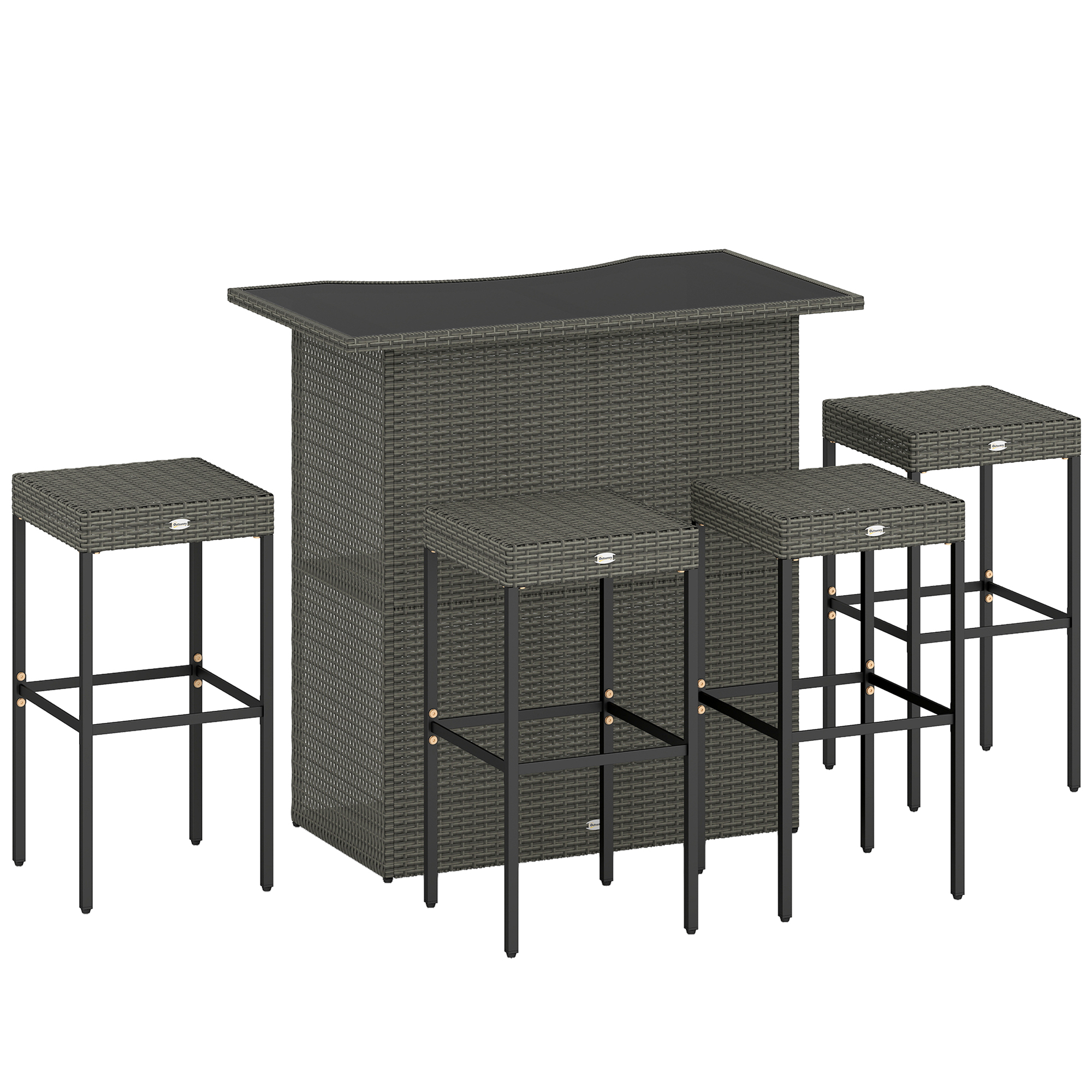 5 Piece Rattan Wicker Bar Set, High Top Outdoor Table and Chairs, Bar Height Patio Set, 2 Shelves & 4 Bar Stools, Gray