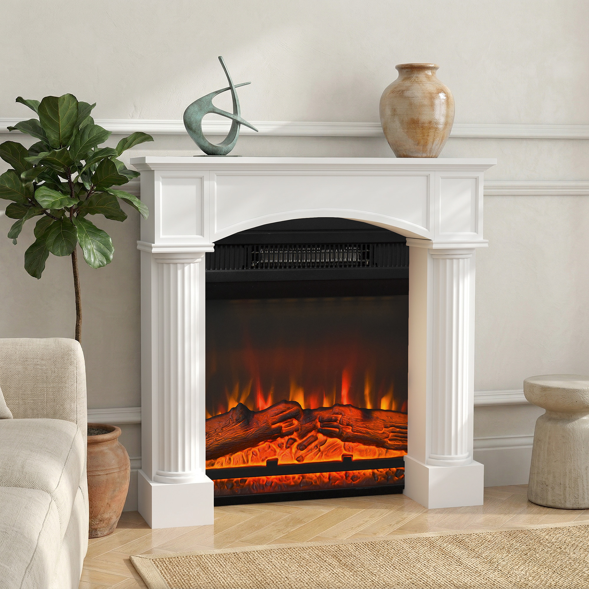 Modern Fireplace Mantel, Freestanding Fireplace Surround for Electric Fireplaces, 43.3" W x 39.8" H, White