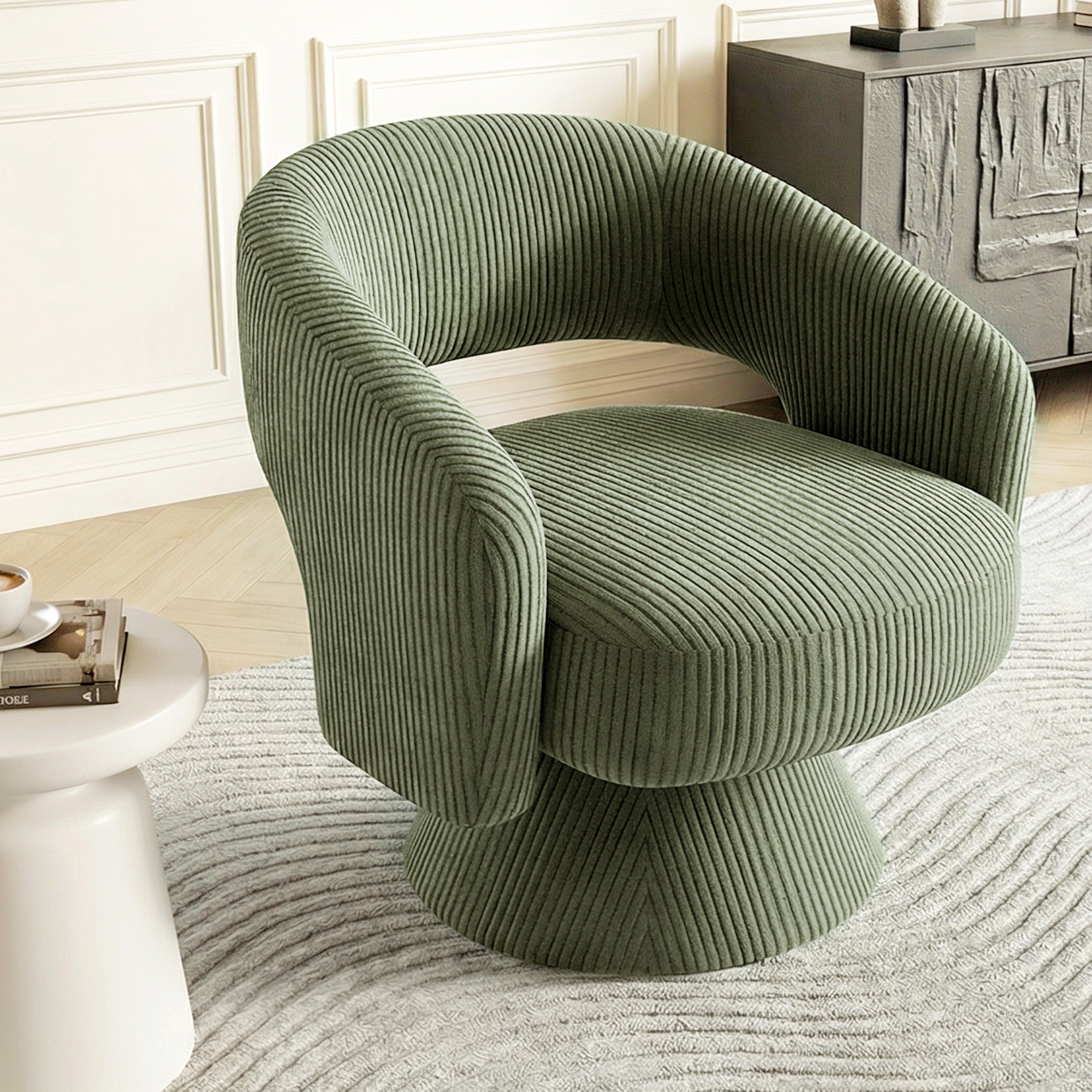 Swivel Barrel Accent Chair, Modern Upholstered Living Room Chair with Thick Padding for Reading, Green