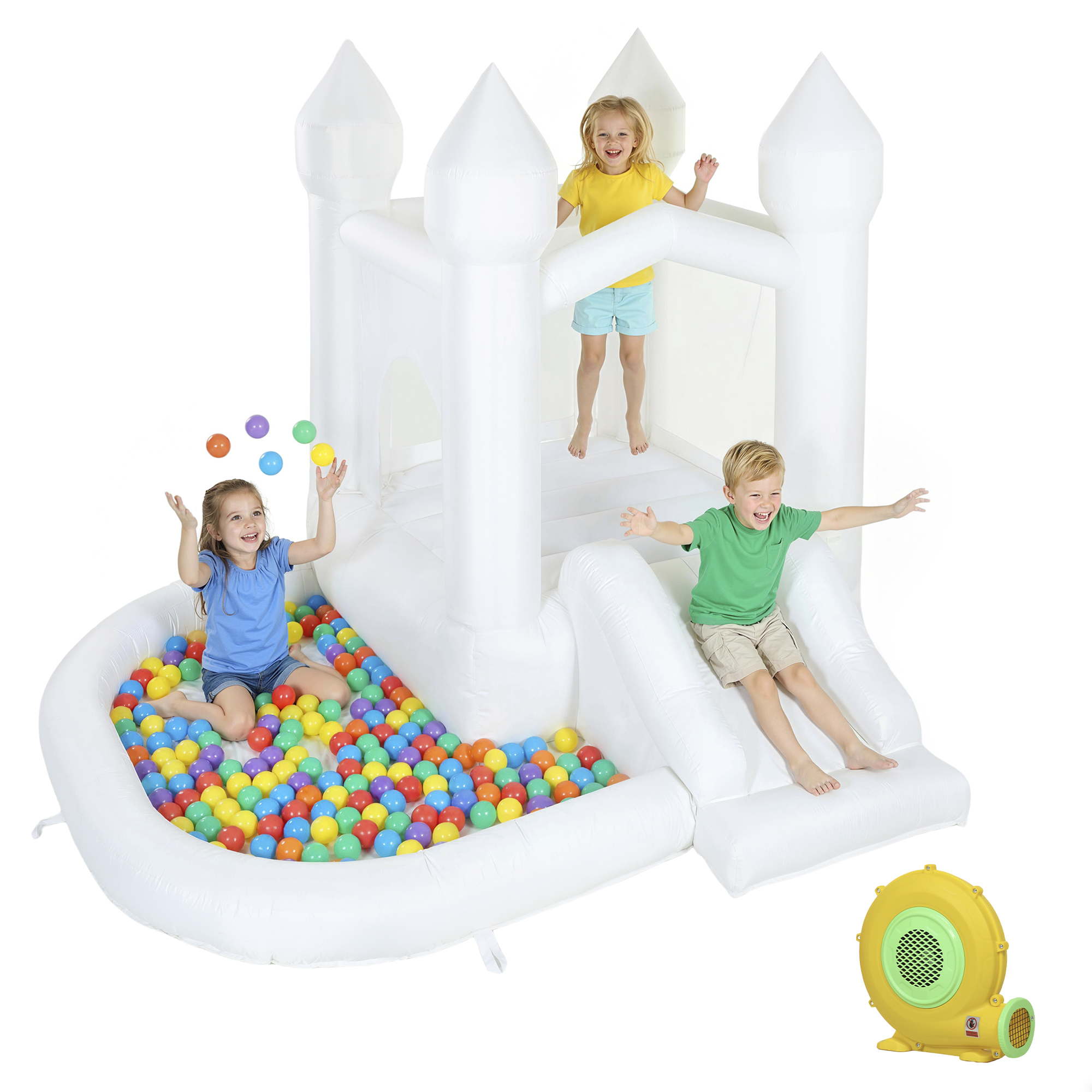 Inflatable Bounce House, 3-in-1 White Castle Bouncy House with Slide, Ball Pit and 370W Blower for Kids Ages 3-8, White