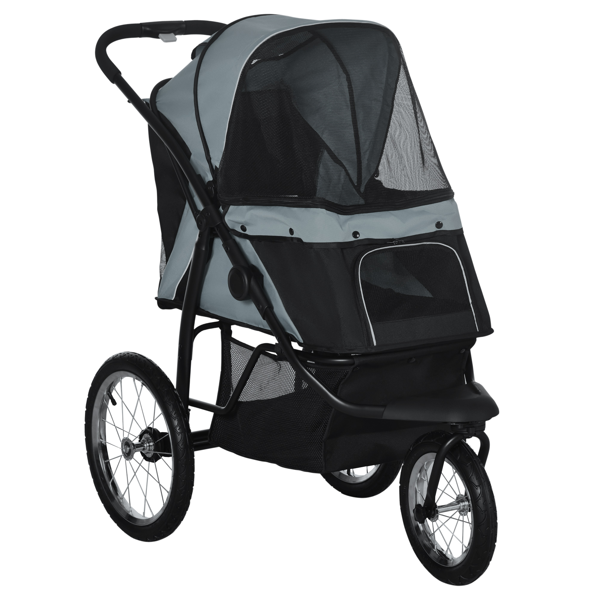3 Wheels Pet Stroller for Small Dogs and Medium Dogs with Adjustable Canopy, Safety Tether, Storage Basket, Gray