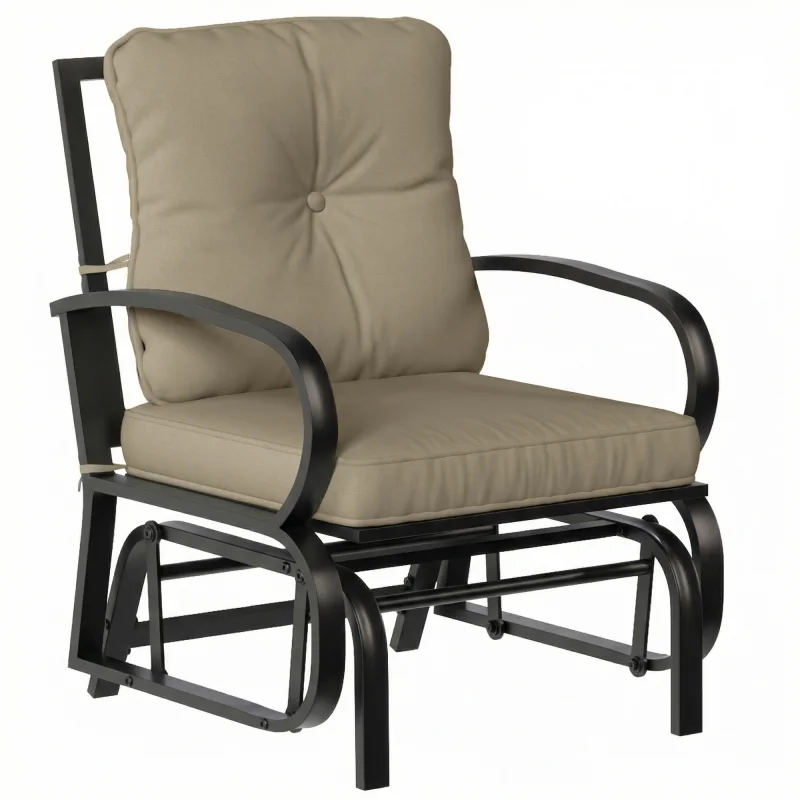 Patio Glider, Outdoor Glider Chair with Cushions, Steel Frame, Curved Armrests, Beige