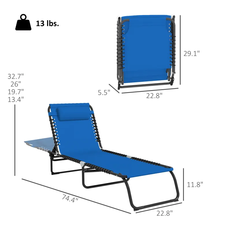 Folding Chaise Lounge Pool Chair with 4-Position Reclining Back, Pillow, Breathable Mesh & Bungee Seat, Dark Blue