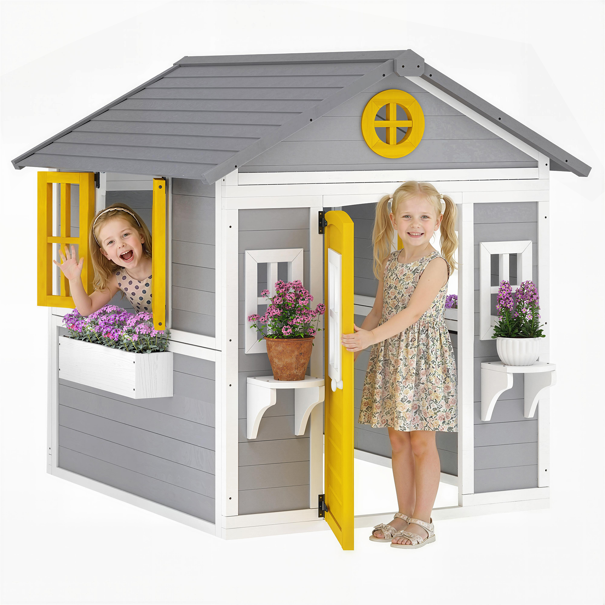Wooden Playhouse for Kids Outdoor with Doors, Windows, Planter Pots and Boxes for Toddlers 3-8 Years, Gray
