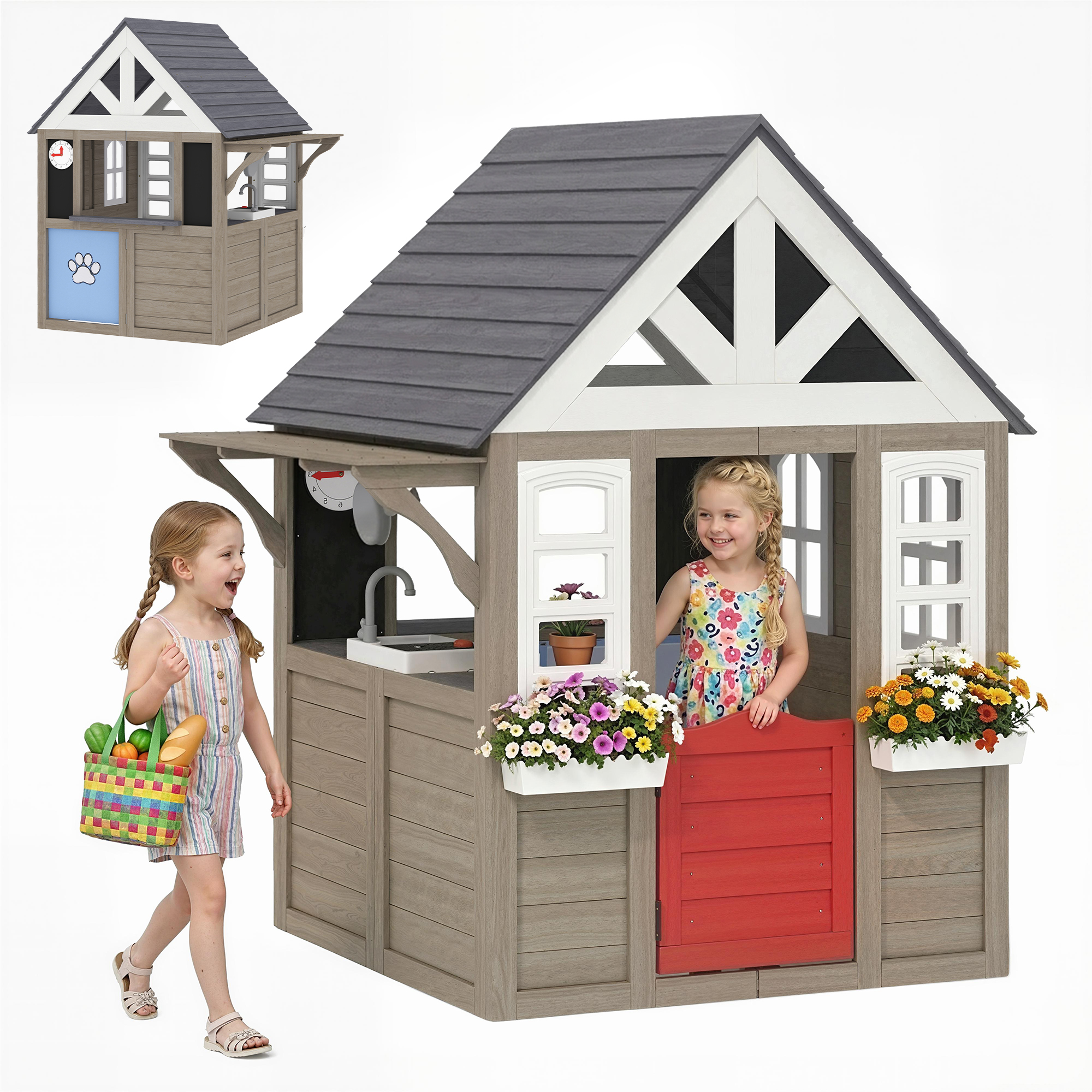 Outdoor Playhouse, Wooden Kids Playhouse with Dog Door, Flower Box, Cookware & Window for Garden Ages 2+, Gray