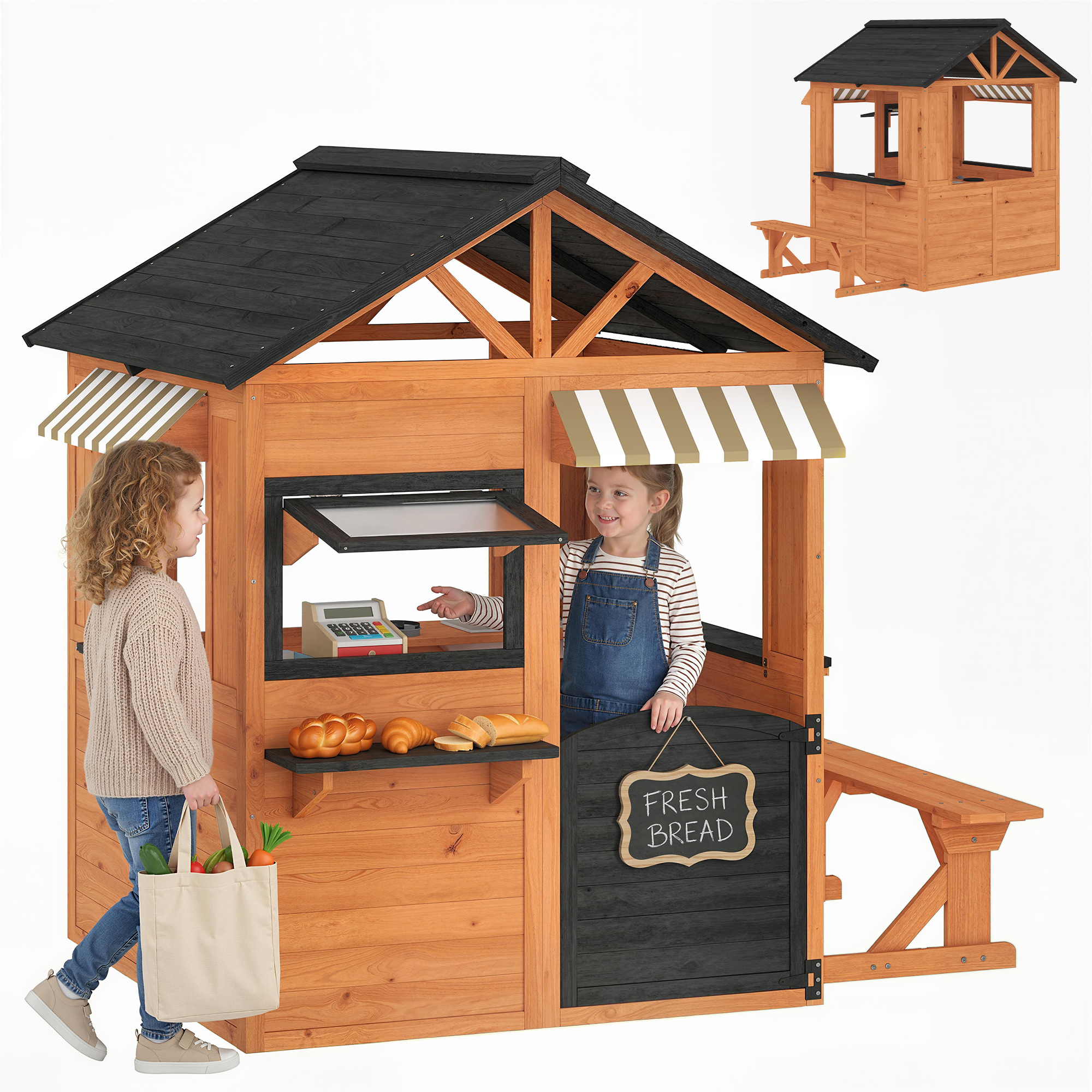 Wooden Kids Playhouse with Play Kitchen, Picnic Bench, Serving Station, Windows and Door for Backyard, Ages 3–8, Brown