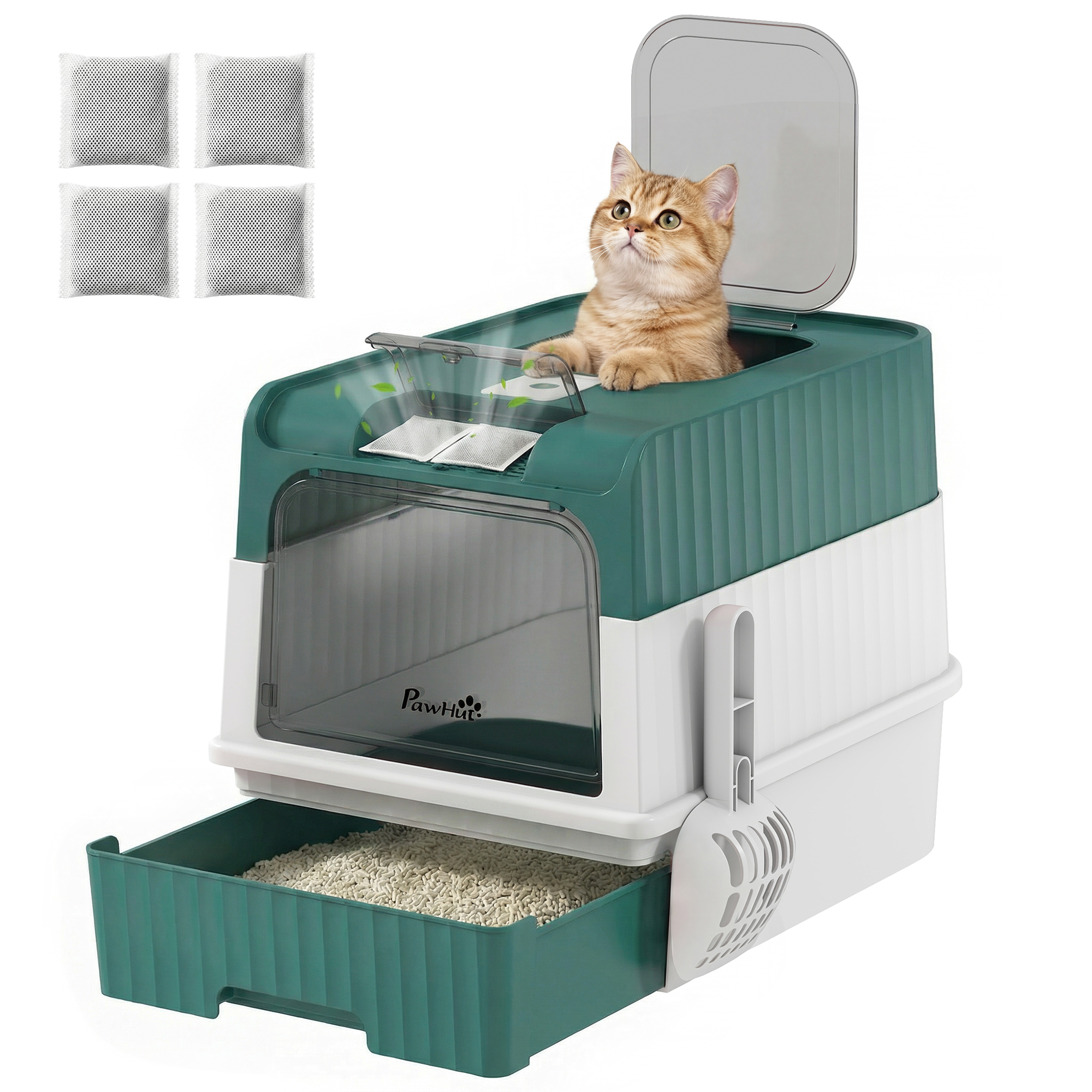 Cat Litter Box Hooded Cat Litter Tray with Drawer Pan Front Entry & Top Exit Easy Cleaning Teal
