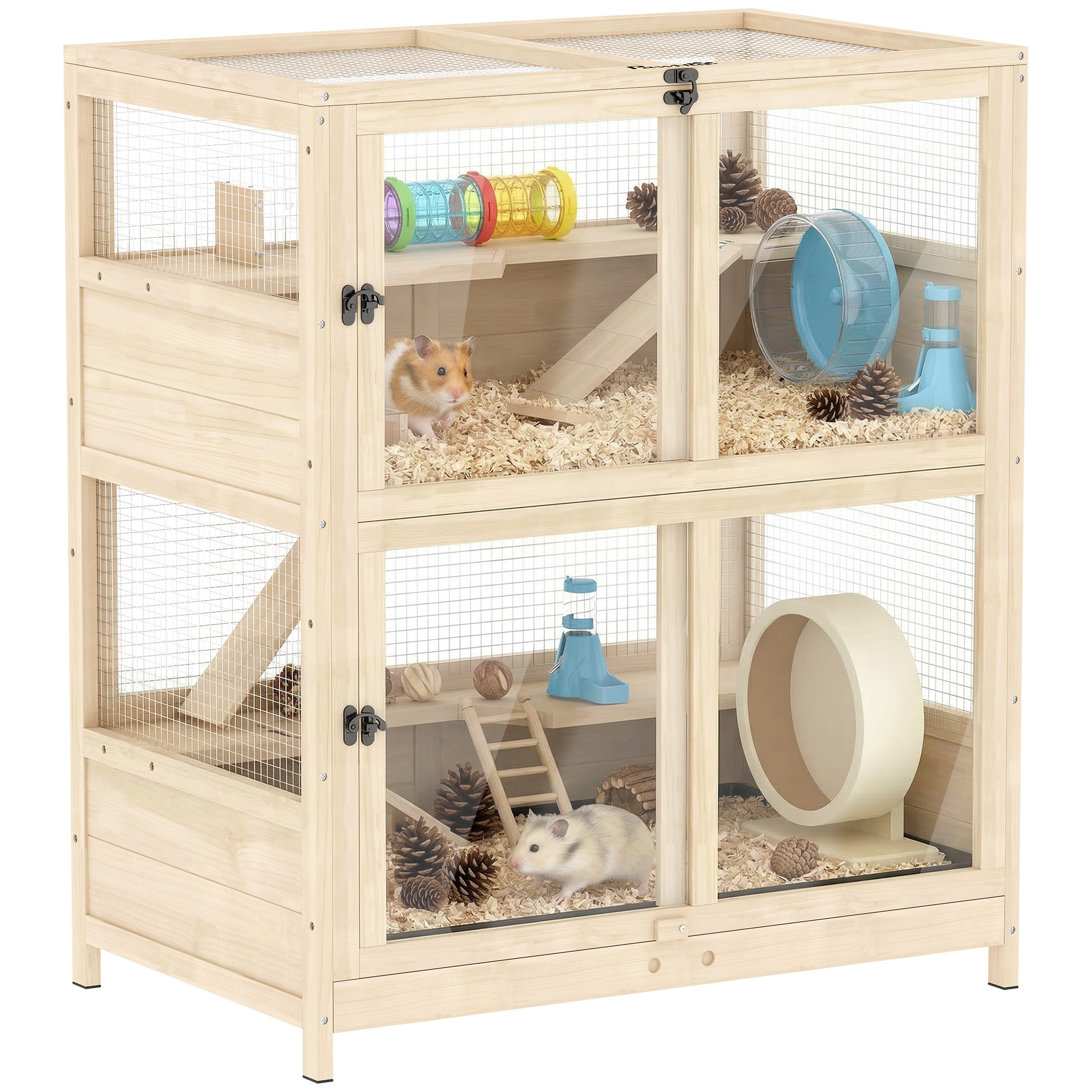 Wooden Hamster Cage, 4 Tier Small Animal Cage with Mesh Flip Roof, Pull-Out Tray, Huts, Seesaws, Ramps and Water Bottles