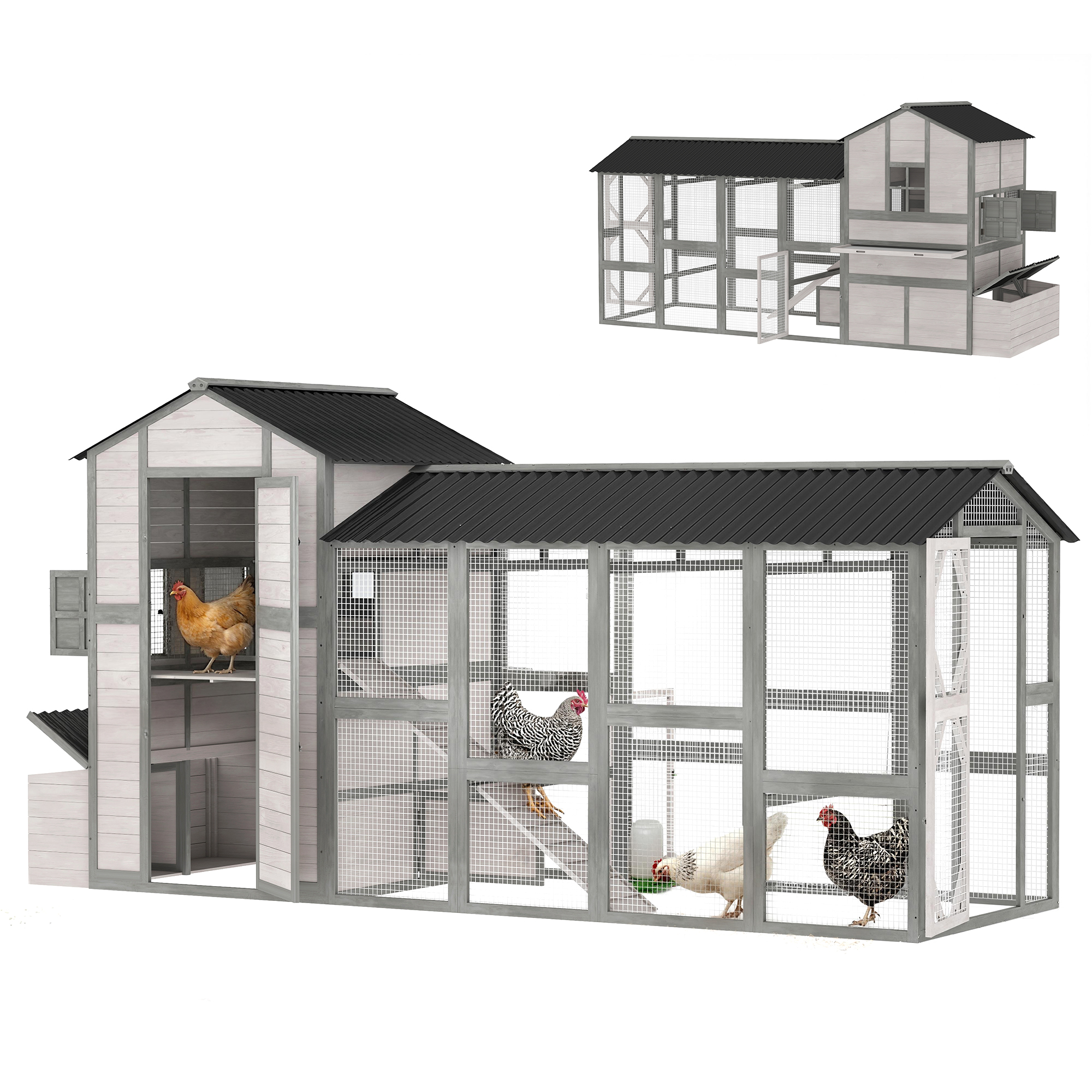 147" Extra Large Chicken Coop, Wooden Hen House for 8-10 Hens, Outdoor Chicken House Poultry Hutch with Run, Gray