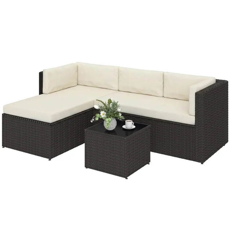 3 Piece Patio Furniture Set, Wicker Outdoor Patio Conversation Furniture Set with Cushions, Glass Top Table, Beige