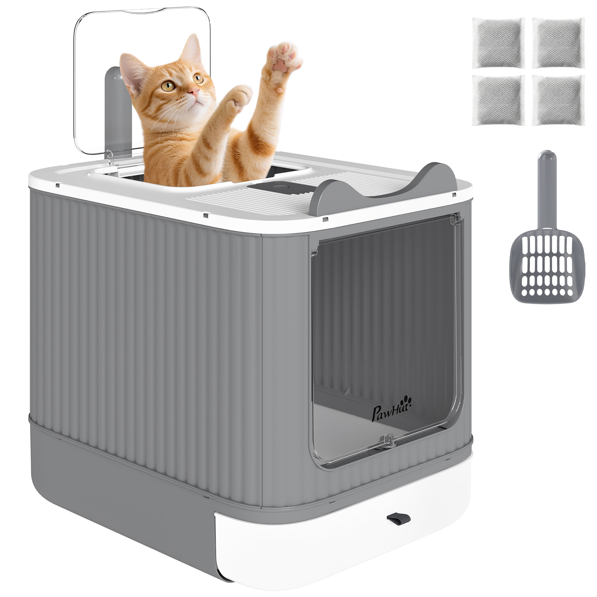 Cat Litter Box with Lid, Enclosed Litter Box for Medium Cats, Front-Entry and Top-Exit, Scoop, Deodorizer Bag, White