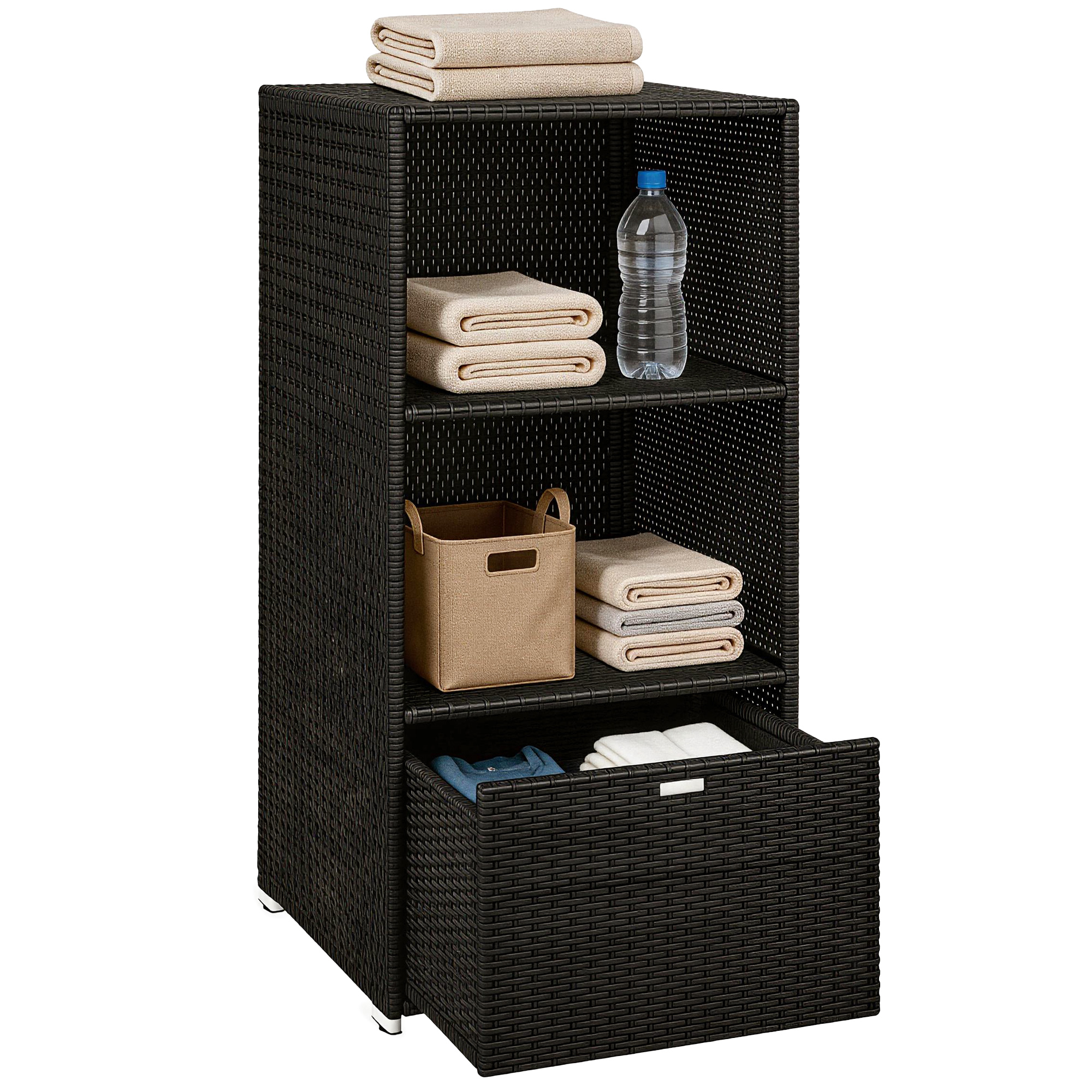 Valet Pool Towel Rack, Water-Resistant PE Plastic Rattan Wicker Storage Organizer, 2 Shelves, 1 Basket Drawer