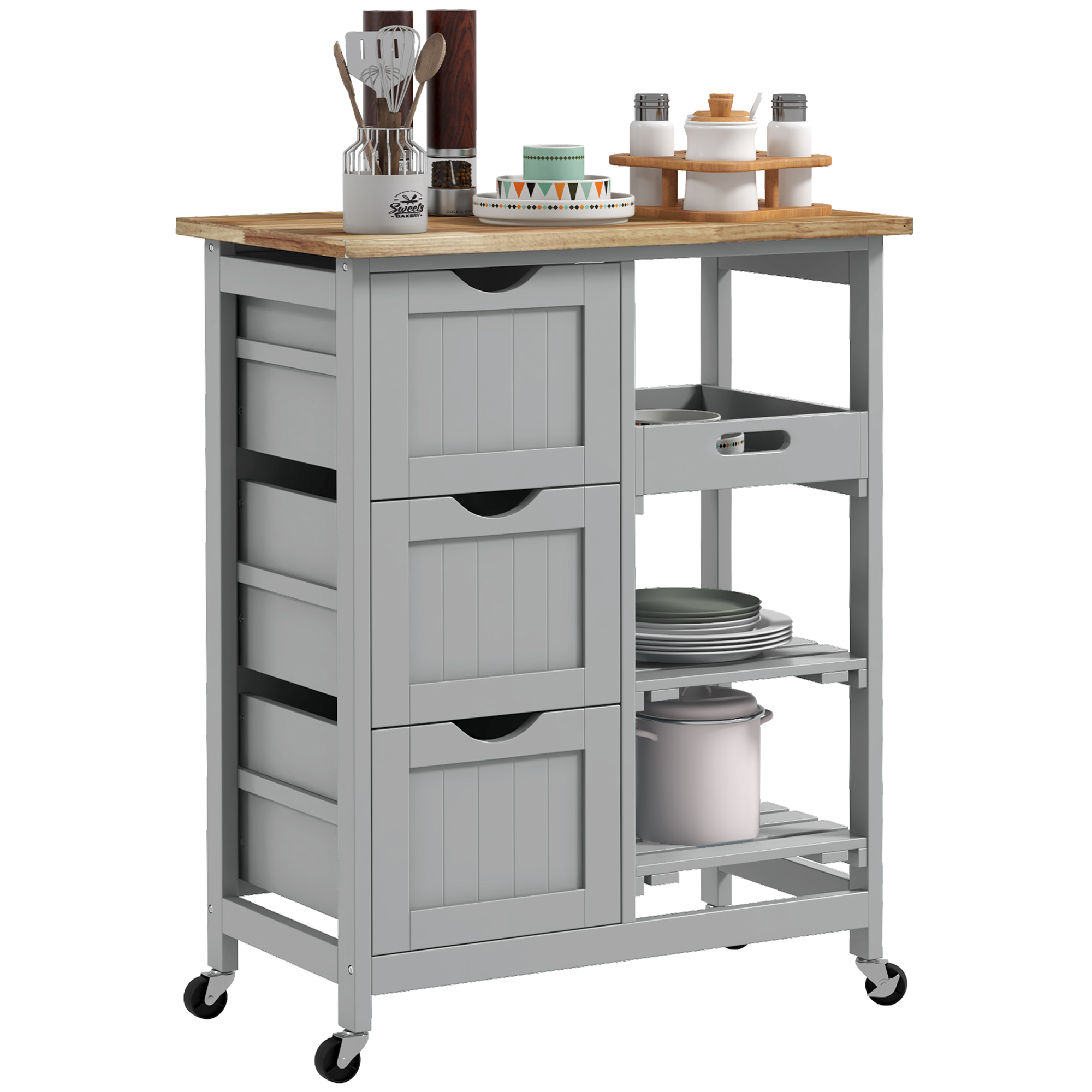 Rolling Kitchen Cart, Kitchen Island with Wood Top, Shelves & Drawers for Dining Area, Gray