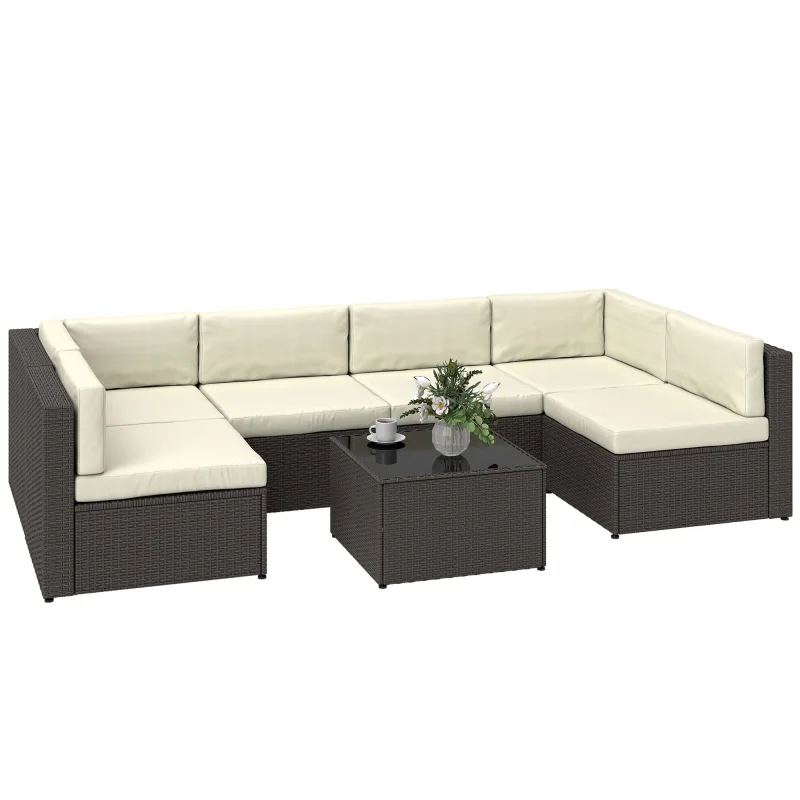 7 Piece Patio Furniture Set, All Weather PE Rattan Outdoor Furniture Conversation Sets with Glass Top Coffee Table