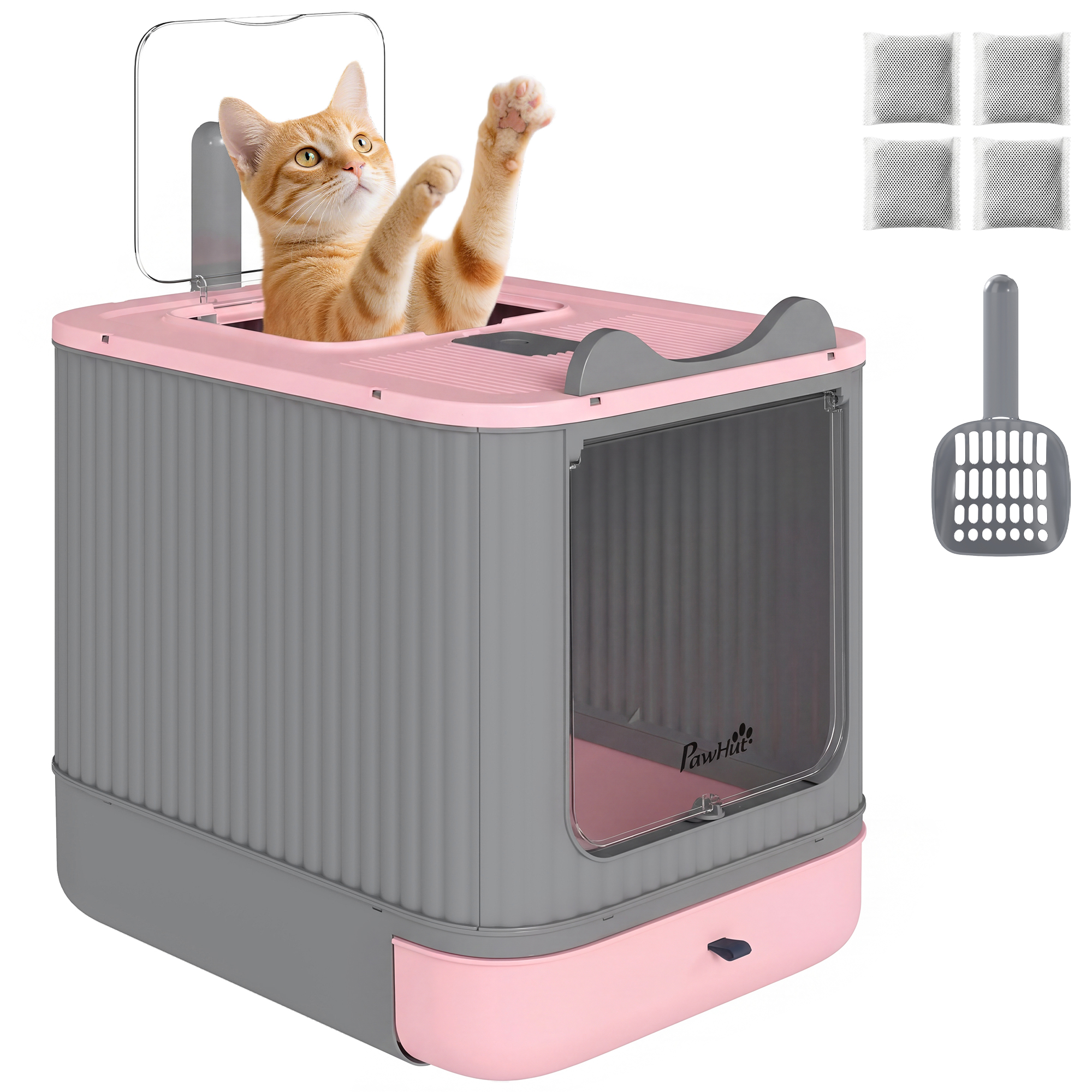 Cat Litter Box with Lid, Enclosed Litter Box for Medium Cats, Front-Entry and Top-Exit, Scoop, Deodorizer Bag, Pink