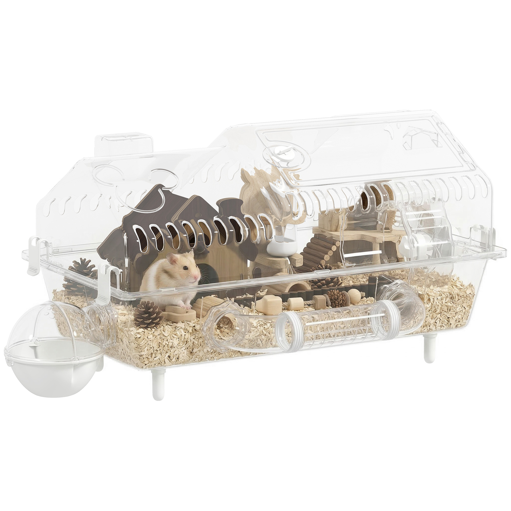 Hamster Cage with Large Wheel & Hideout, Small Animal Habitat with Accessories, Clear Pet House, 21.5" x 11.8" x 12.6",