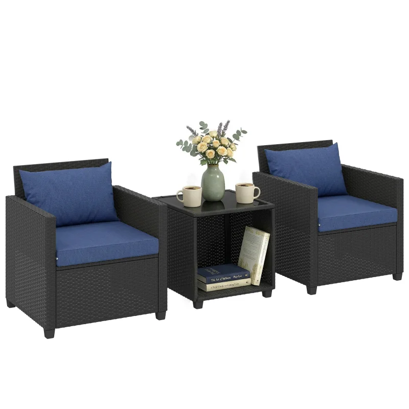 3 Piece Patio Bistro Set, Wicker Furniture Set with Thick Cushions, Glass Coffee Table and Chairs for Garden, Dark Blue