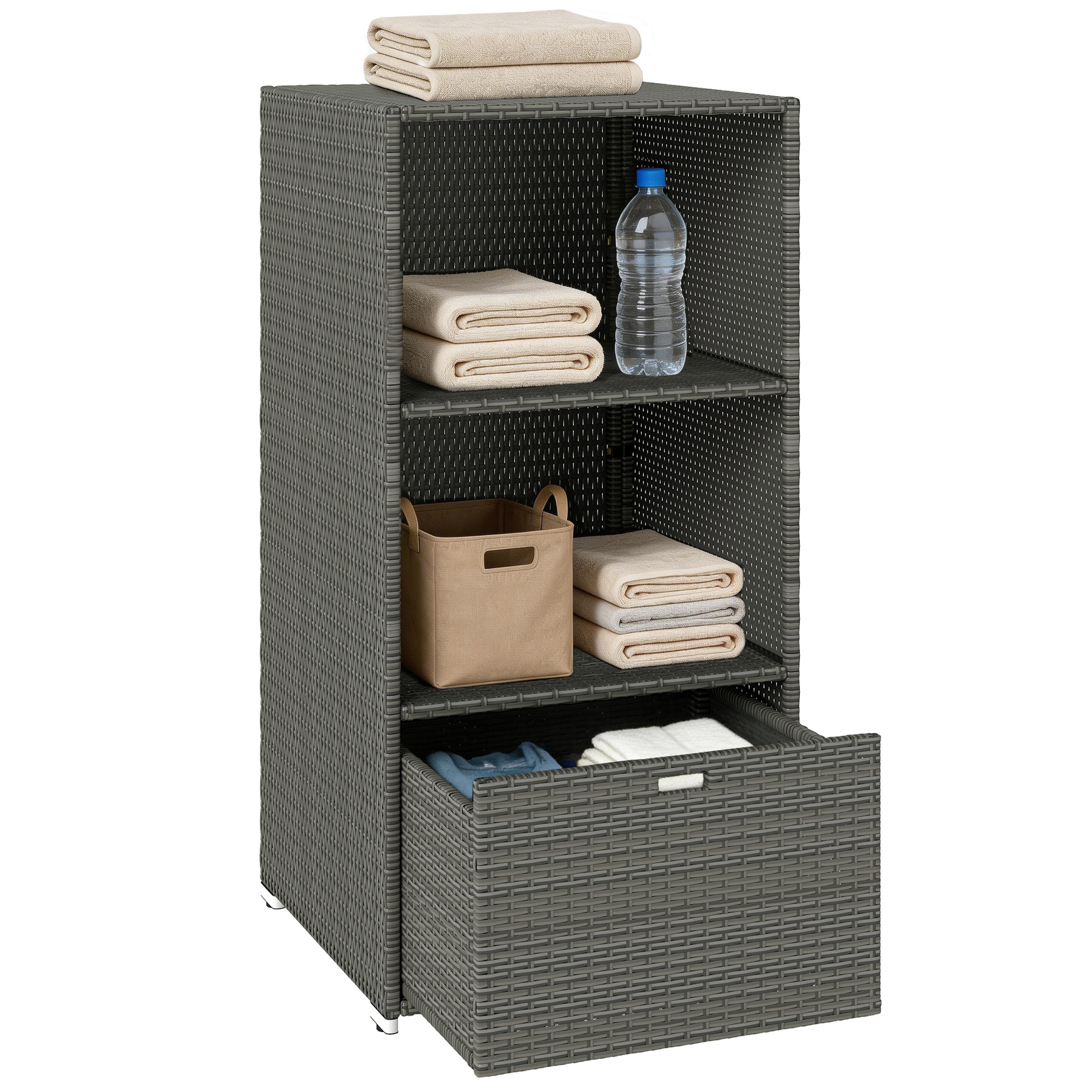 Valet Pool Towel Rack, Water-Resistant PE Plastic Rattan Wicker Storage Organizer, 2 Shelves, 1 Basket Drawer, Dark Gray