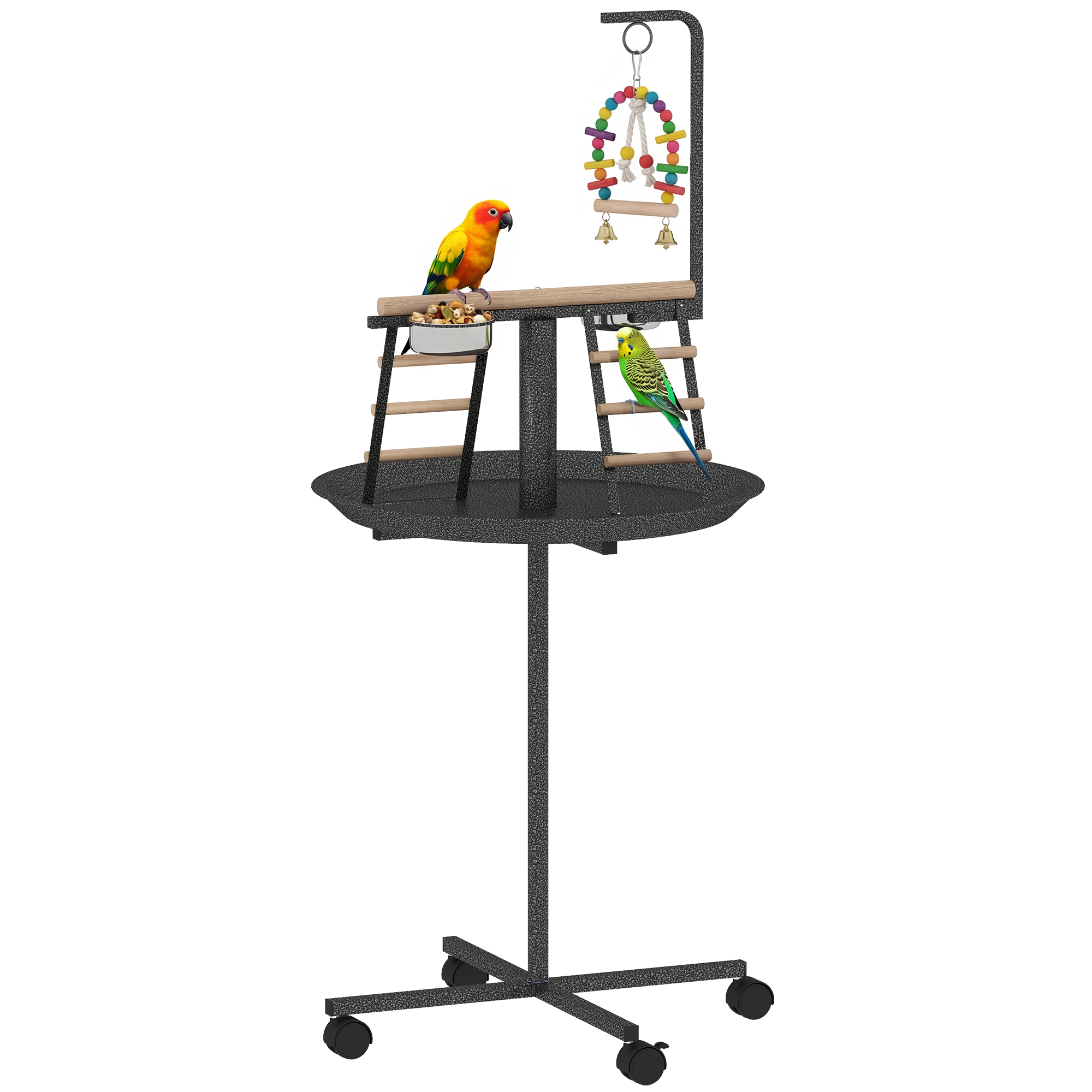 Bird Stand with Wheels Parrot Play Stand with Round Tray Stainless Steel Feed Bowls Indoor Outdoor Dark Gray
