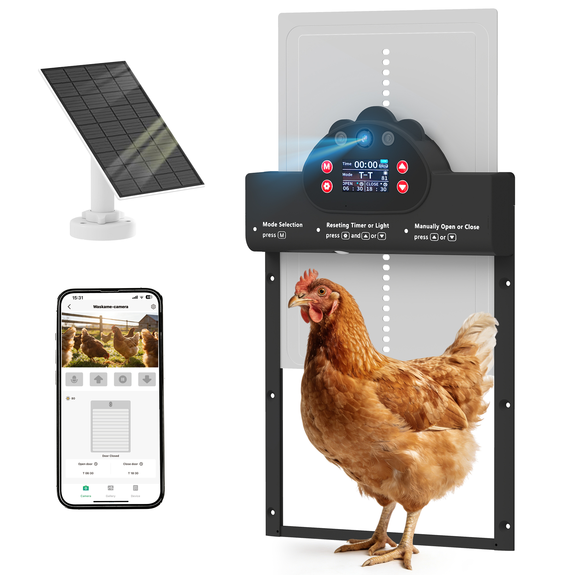 2K HD AI Camera Automatic Chicken Coop Door with APP Remote Control, WiFi Solar Powered with 5200 mAh Large Battery