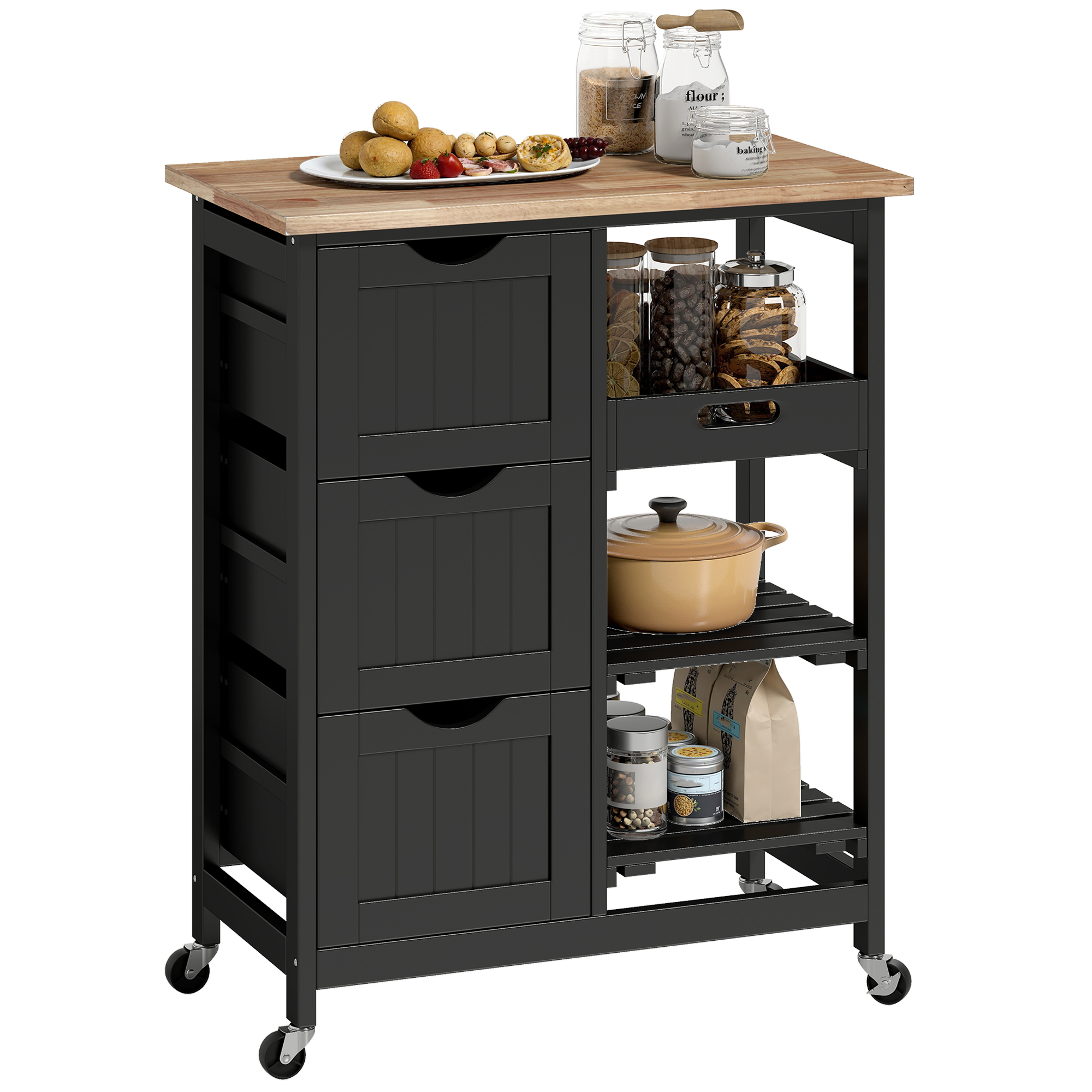 Rolling Kitchen Cart, Kitchen Island with Wood Top, Shelves & Drawers for Dining Area, Black