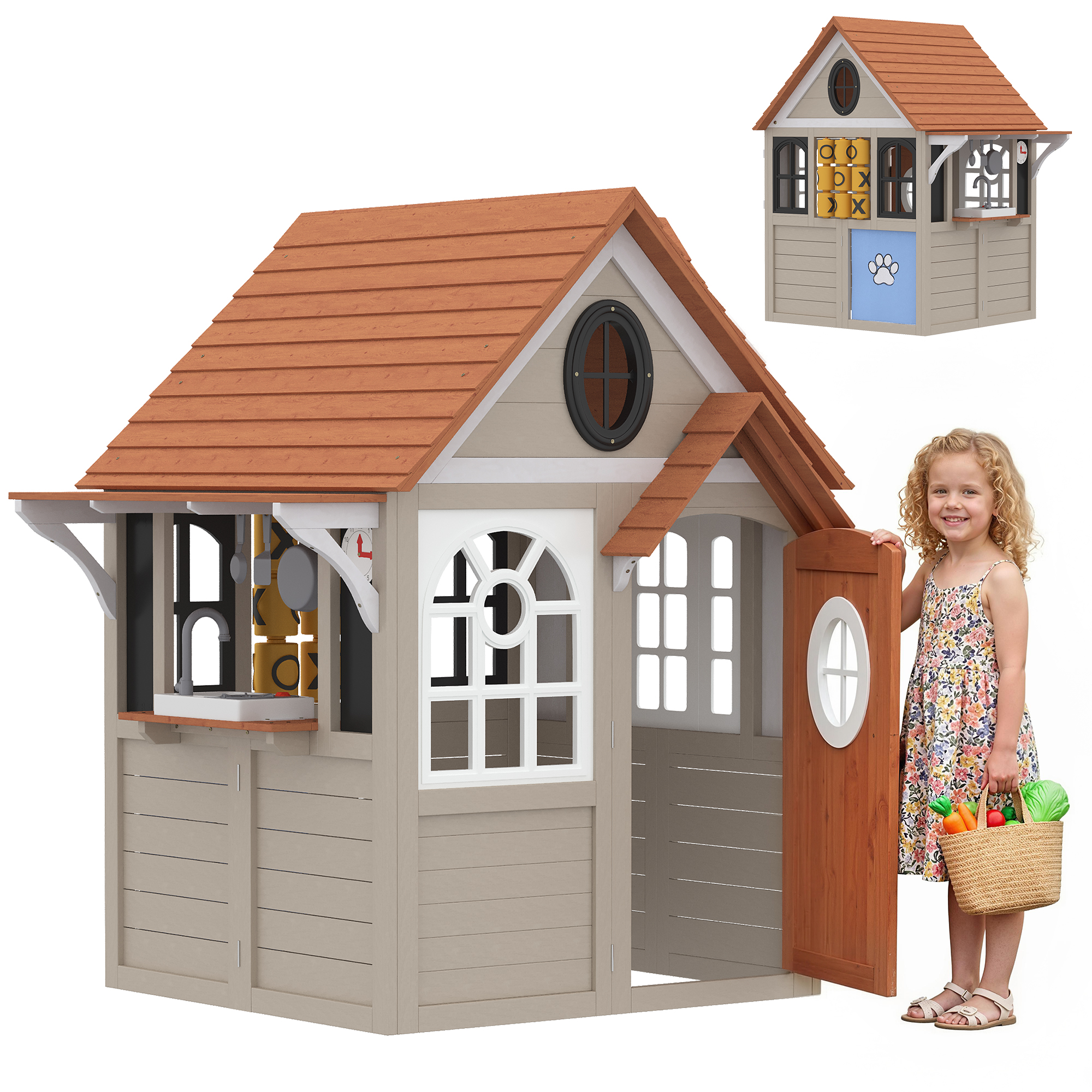 Outdoor Playhouse, Wooden Kids Playhouse with Dog Door, Cookware, Blackboard, Clock, Tic-Tac-Toe Roller for Backyard