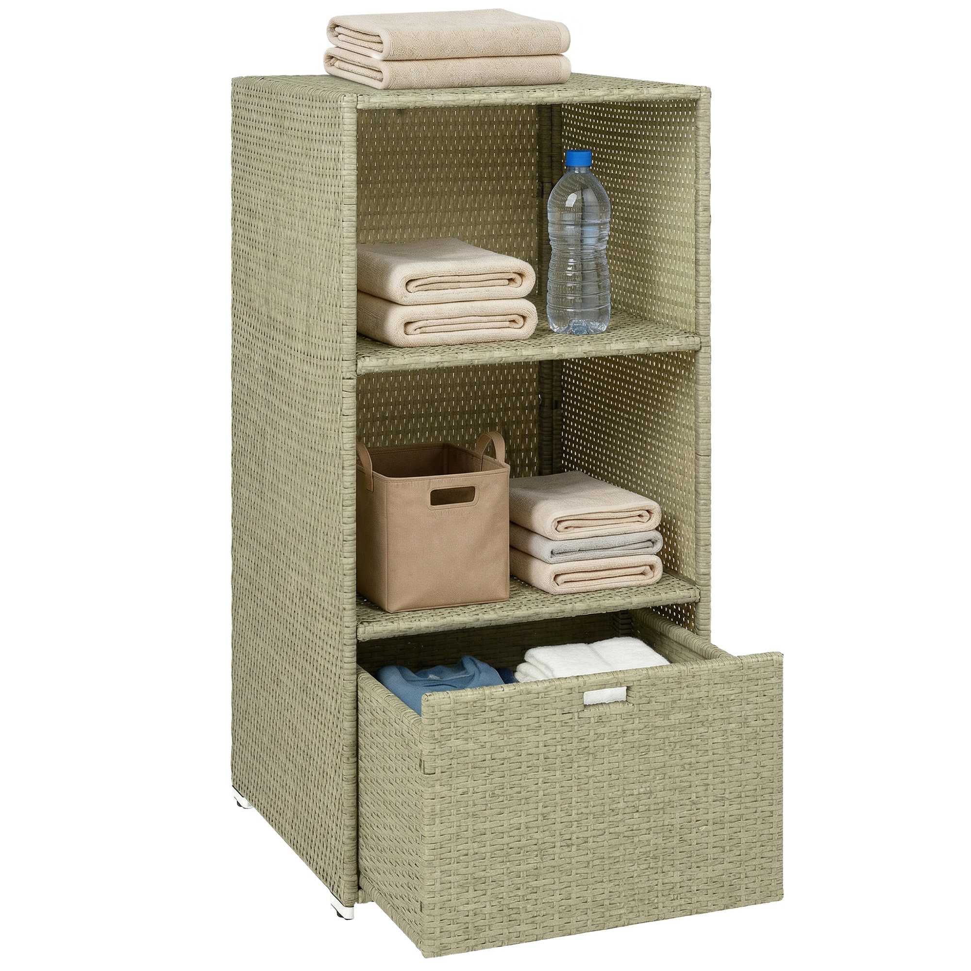 Valet Pool Towel Rack, Water-Resistant PE Plastic Rattan Wicker Storage Organizer, 2 Shelves, 1 Basket Drawer