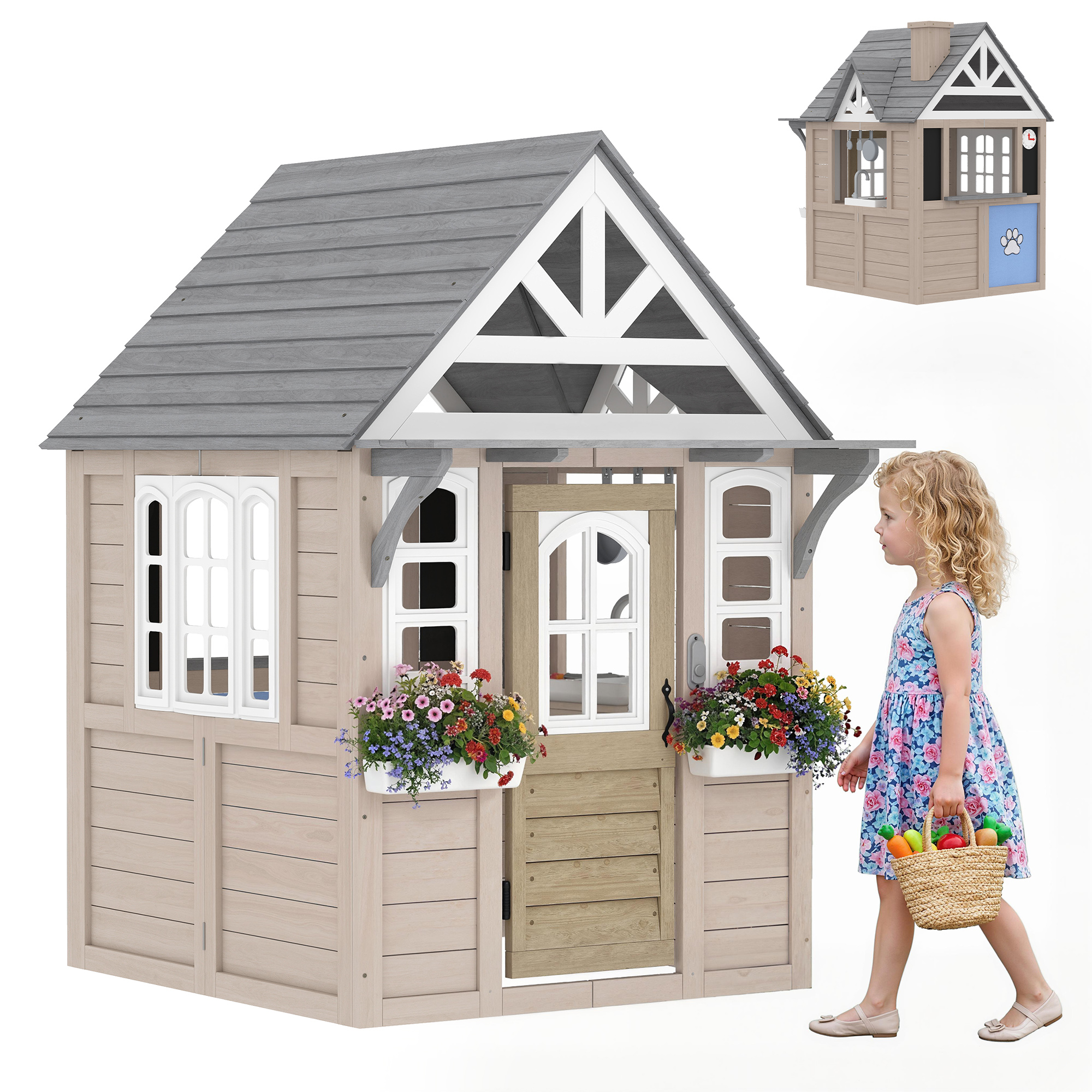 Outdoor Playhouse, Wooden Kids Playhouse with Dog Door, Cookware, Planter Box, Bell, Blackboard, Clock for Backyard