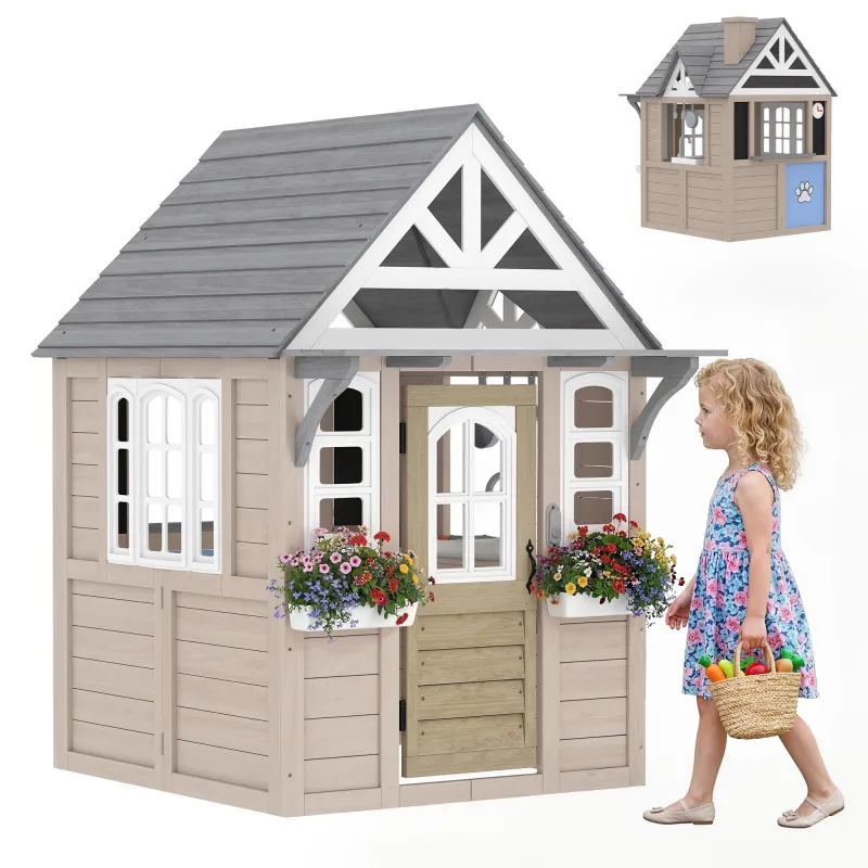 Outdoor Playhouse, Wooden Kids Playhouse with Dog Door, Cookware, Planter Box, Bell, Blackboard, Clock for Backyard