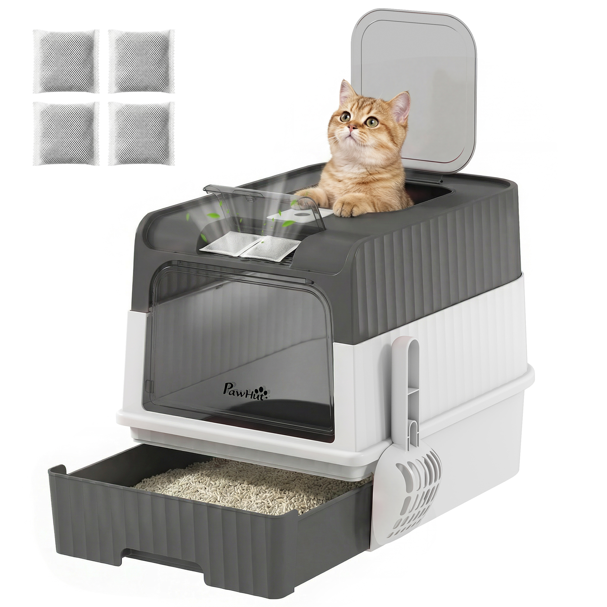 Cat Litter Box Hooded Cat Litter Tray with Drawer Pan Front Entry & Top Exit Easy Cleaning Gray