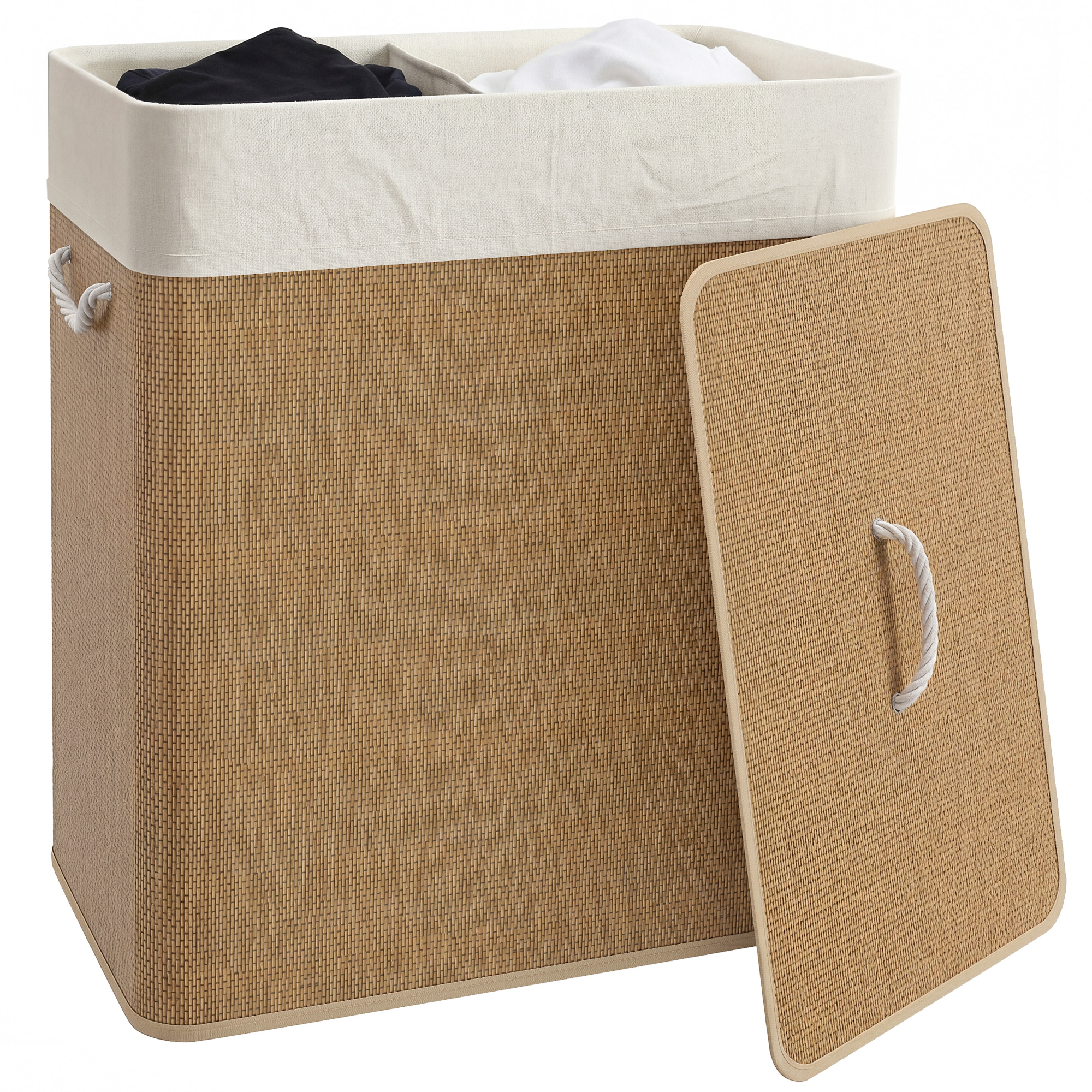 Double Laundry Basket with Lid, 26.4 Gallon Bamboo Laundry Hamper with Rope Handles and Removable Liner, Brown