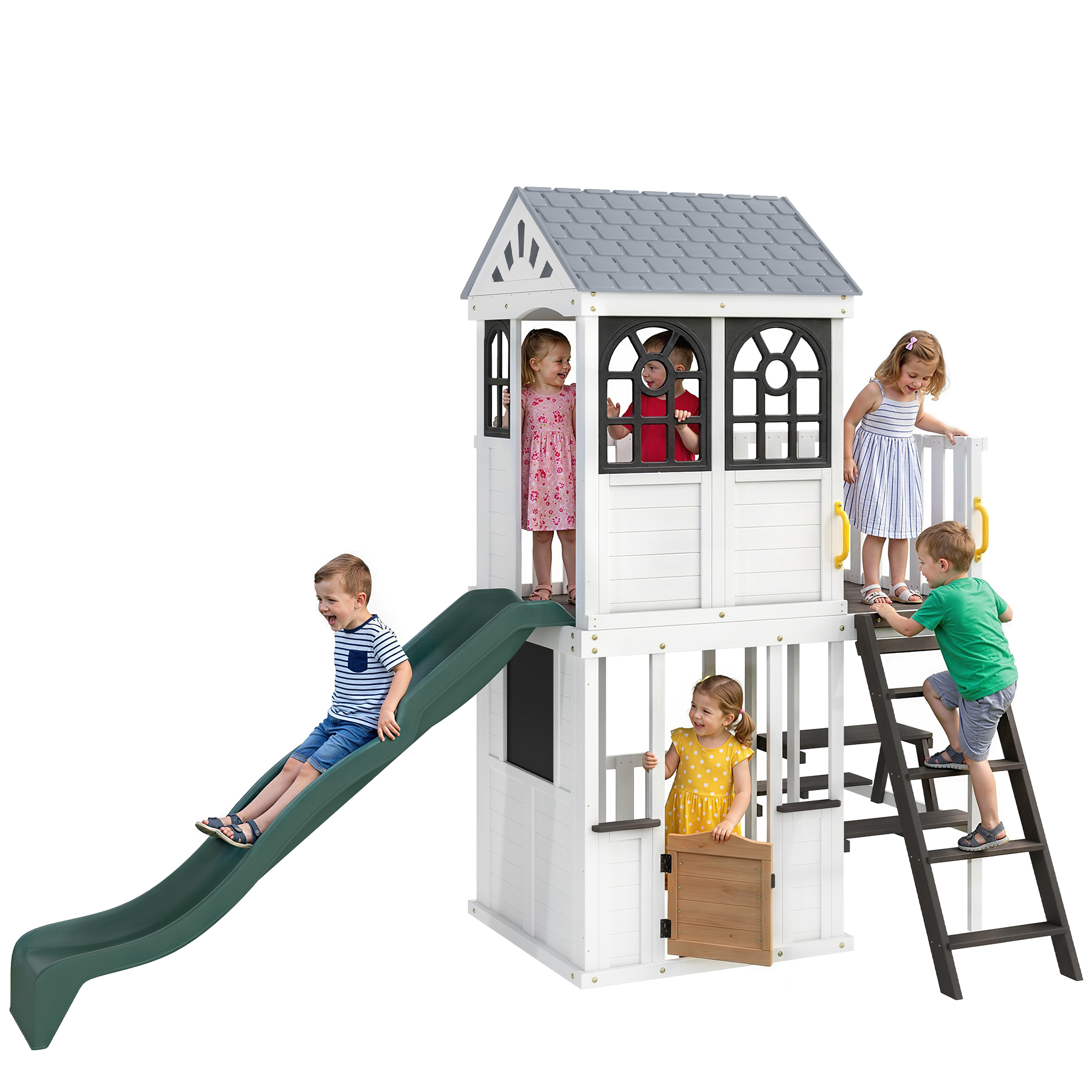 Two-Story Outdoor Playhouse, Wooden Kids Playhouse with Slide, Table & Bench, Play Kitchen, Ladder, Blackboard, White