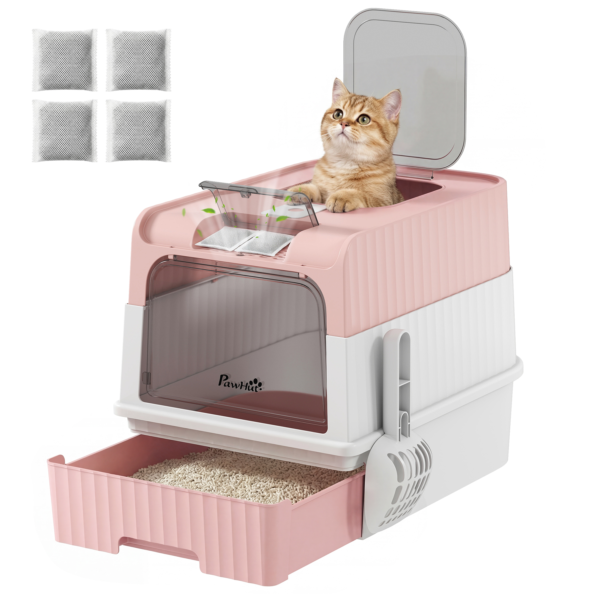 Cat Litter Box Hooded Cat Litter Tray with Drawer Pan Front Entry & Top Exit Easy Cleaning Pink