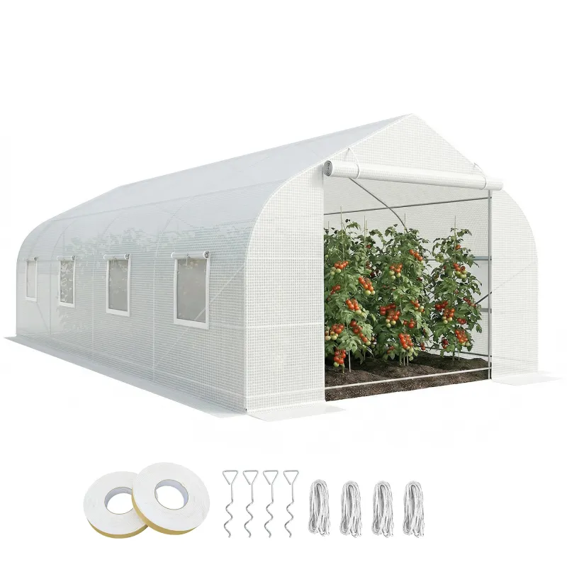 234.25" x 118" x 82.75" Tunnel Greenhouse Large Walk-In Warm House Deluxe High GardenHot House with 8 Roll Up Windows & Roll Up Door, Steel Frame, White