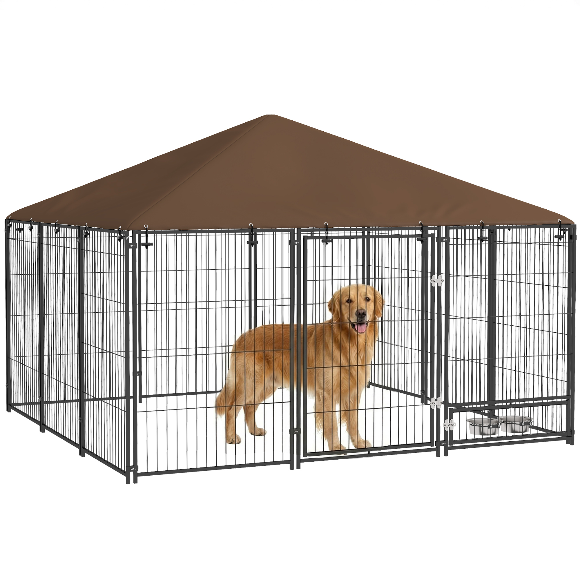 6.9' x 6.9' x 5' Outdoor Dog Kennel with Canopy Garden Playpen Fence Crate Enclosure Cage Rotating Bowl, Coffee