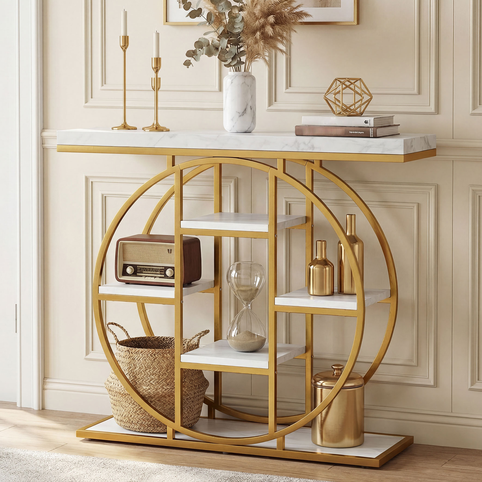 39.4" Console Table with Storage Shelves, Industrial Sofa Table for Living Room, Hallway, White Marble Effect