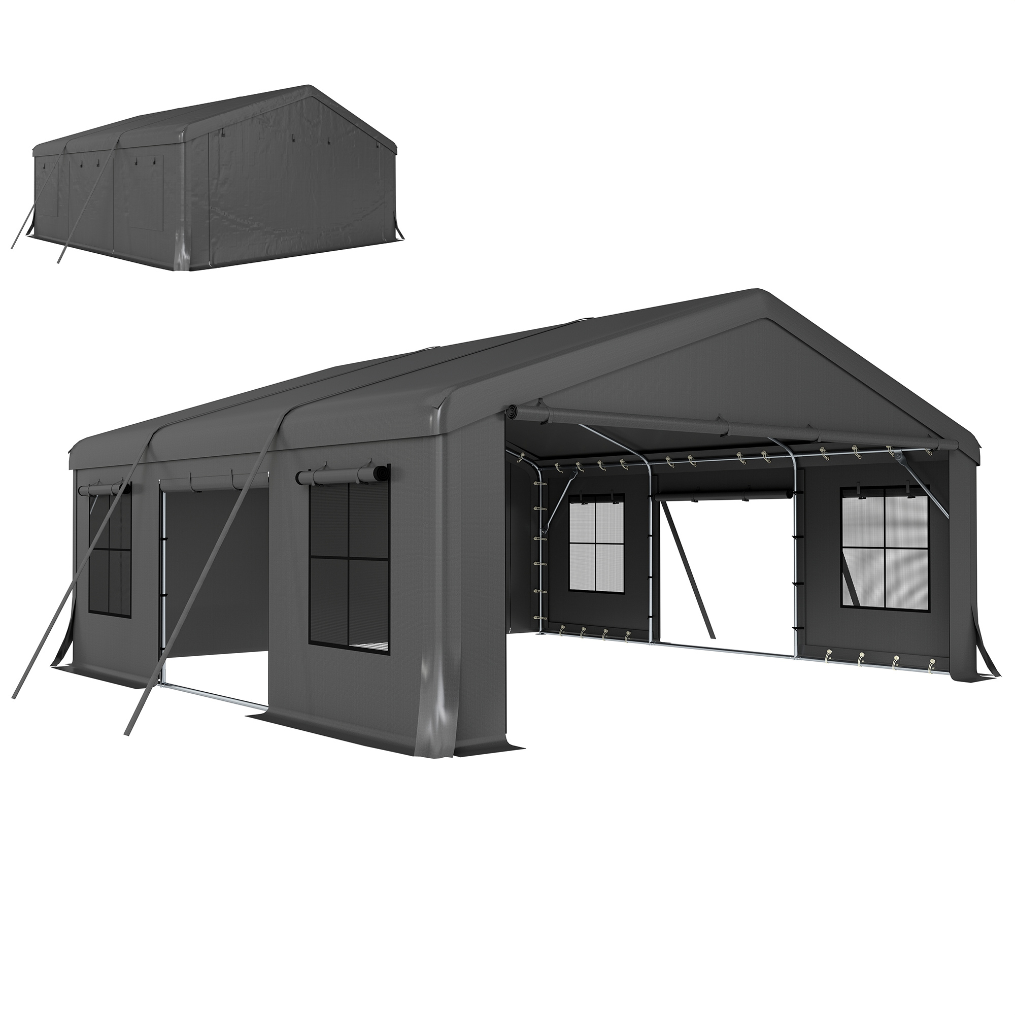 20' x 20' Heavy Duty Carport, Portable Garage Car Canopy Tent Shelter with 3 Roll-up Doors, 4 Windows, Dark Gray