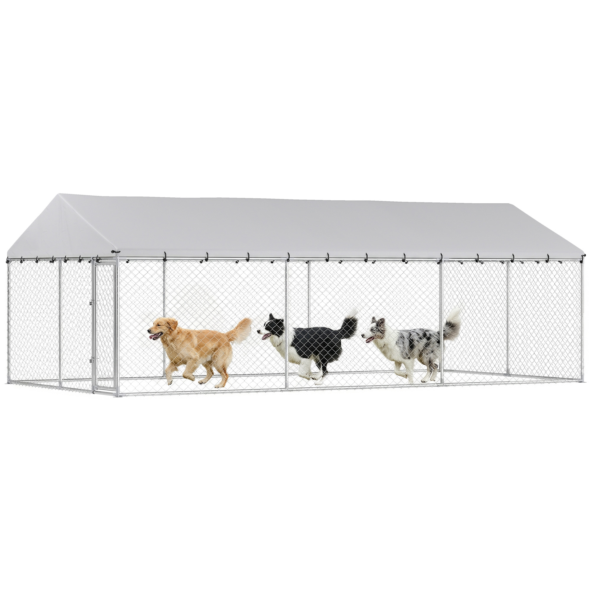 Heavy Duty Outdoor Dog Kennel with Waterproof Roof, 2 Secure Latches, Chain Link Dog Run for Backyard, 20' x 10' x 7'