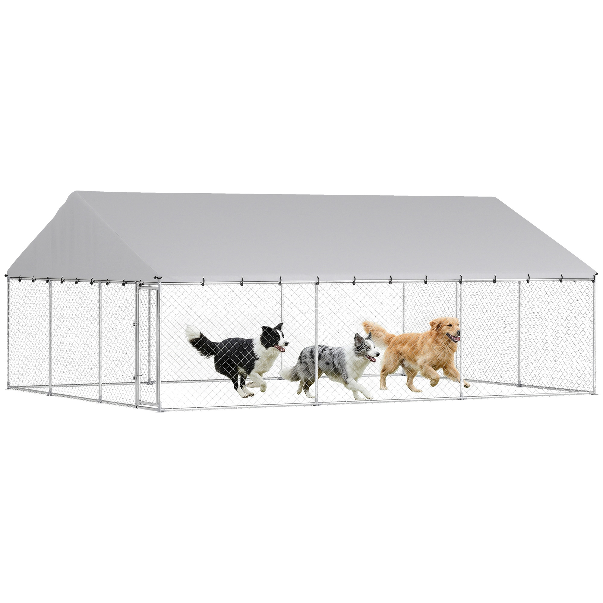 Heavy Duty Outdoor Dog Kennel with Waterproof Roof, 2 Secure Latches, Chain Link Dog Run for Backyard, 20' x 15' x 8'